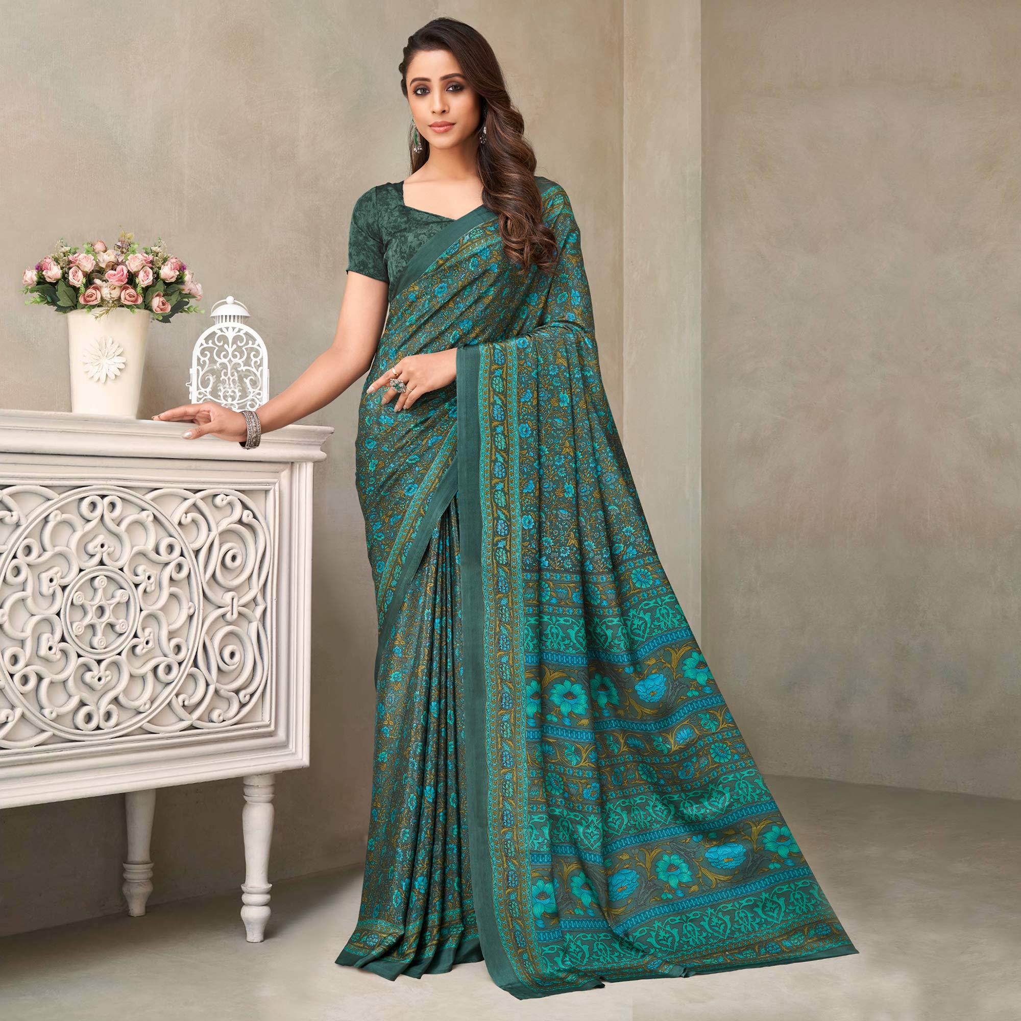 Bottle Green Floral Printed Crepe Saree