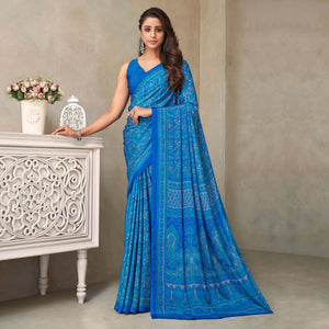 Blue Printed Crepe Saree
