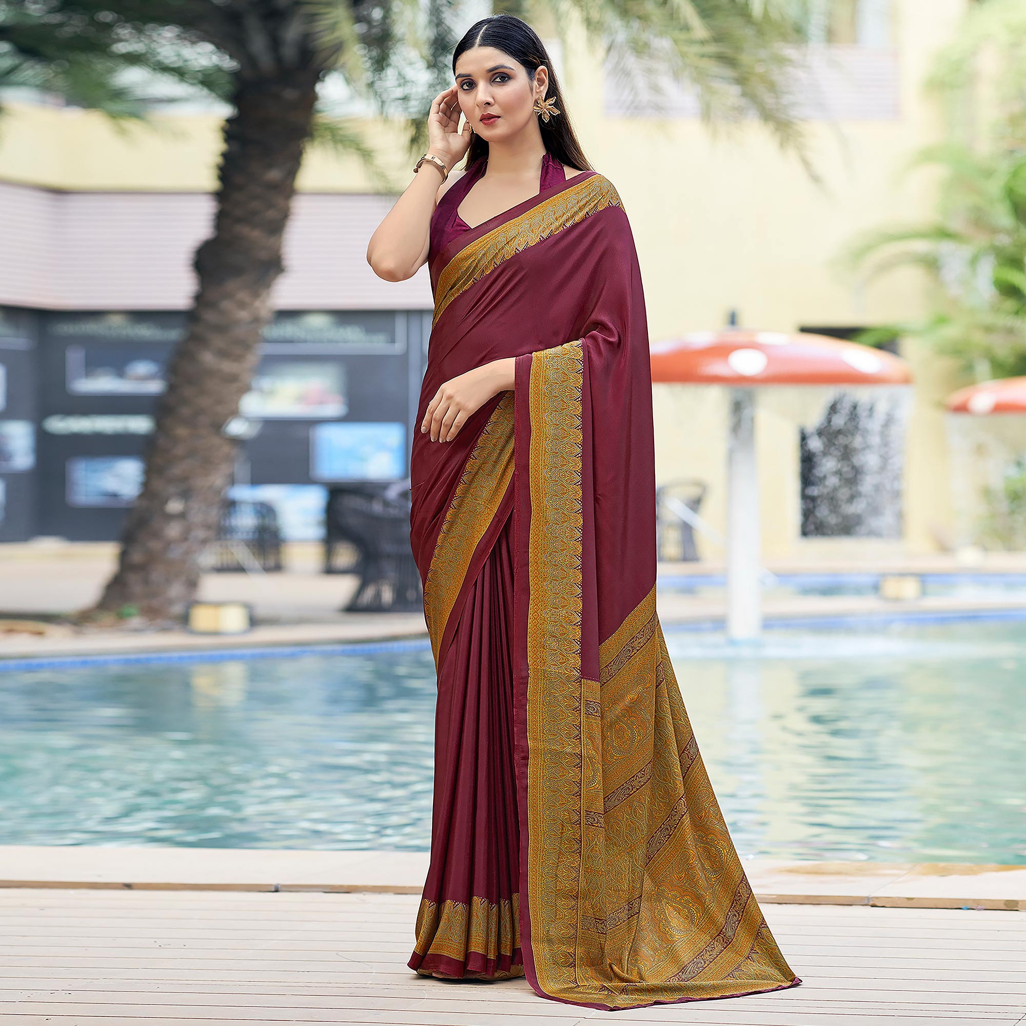 Wine Printed Crepe Silk Saree