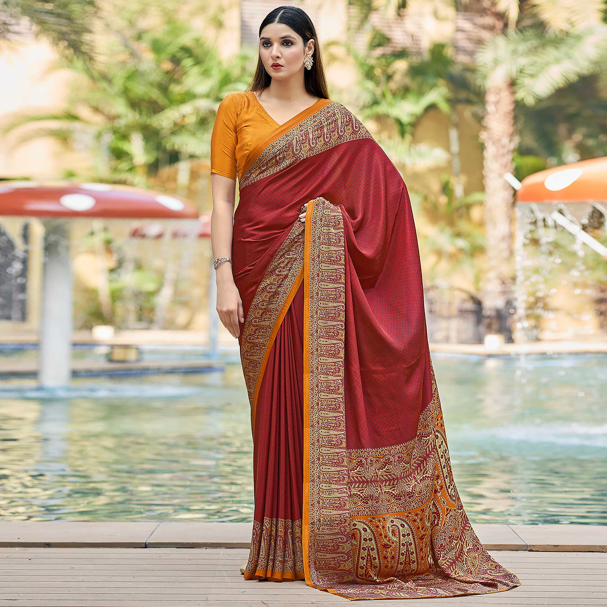 Red Printed Crepe Silk Saree