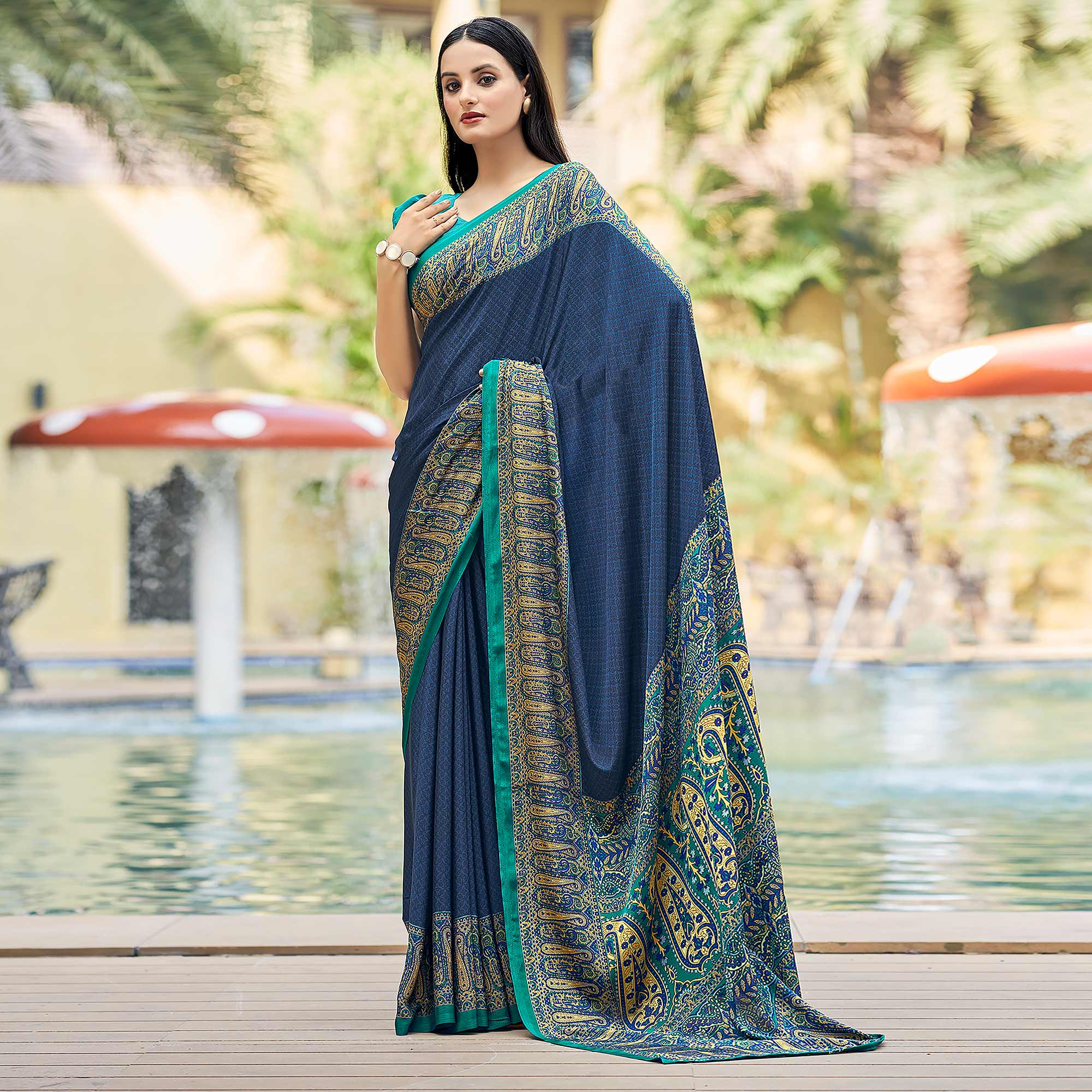 Blue Printed Crepe Silk Saree