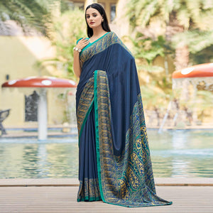 Blue Printed Crepe Silk Saree