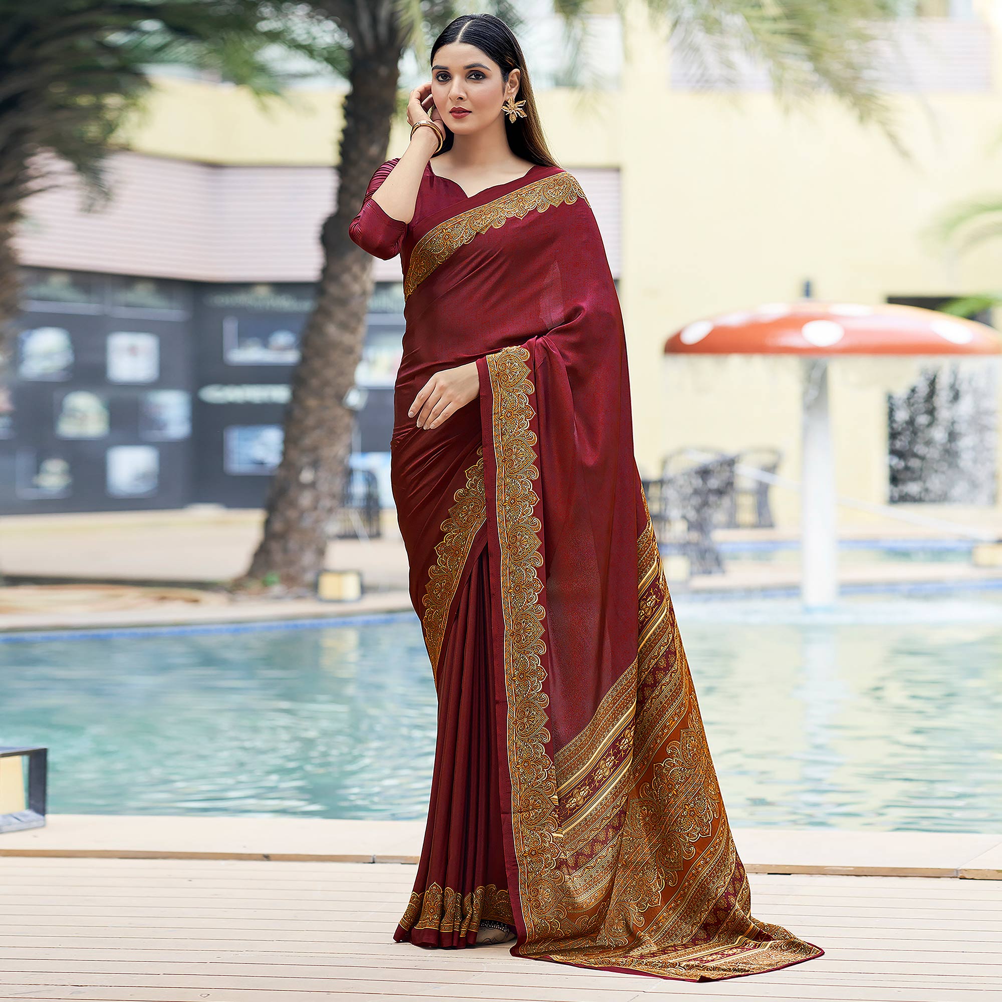 Maroon Printed Crepe Silk Saree