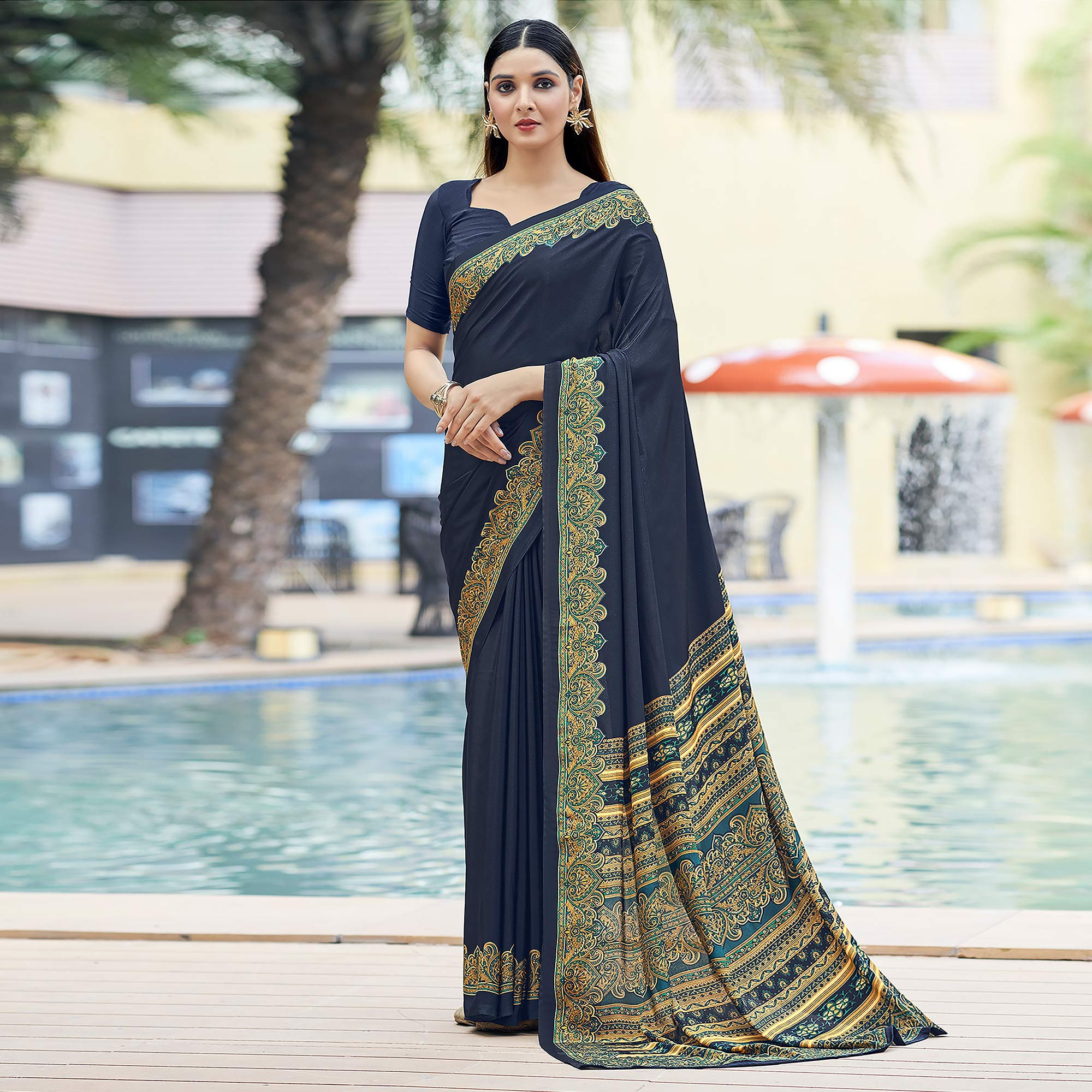 Navy Blue Printed Crepe Silk Saree