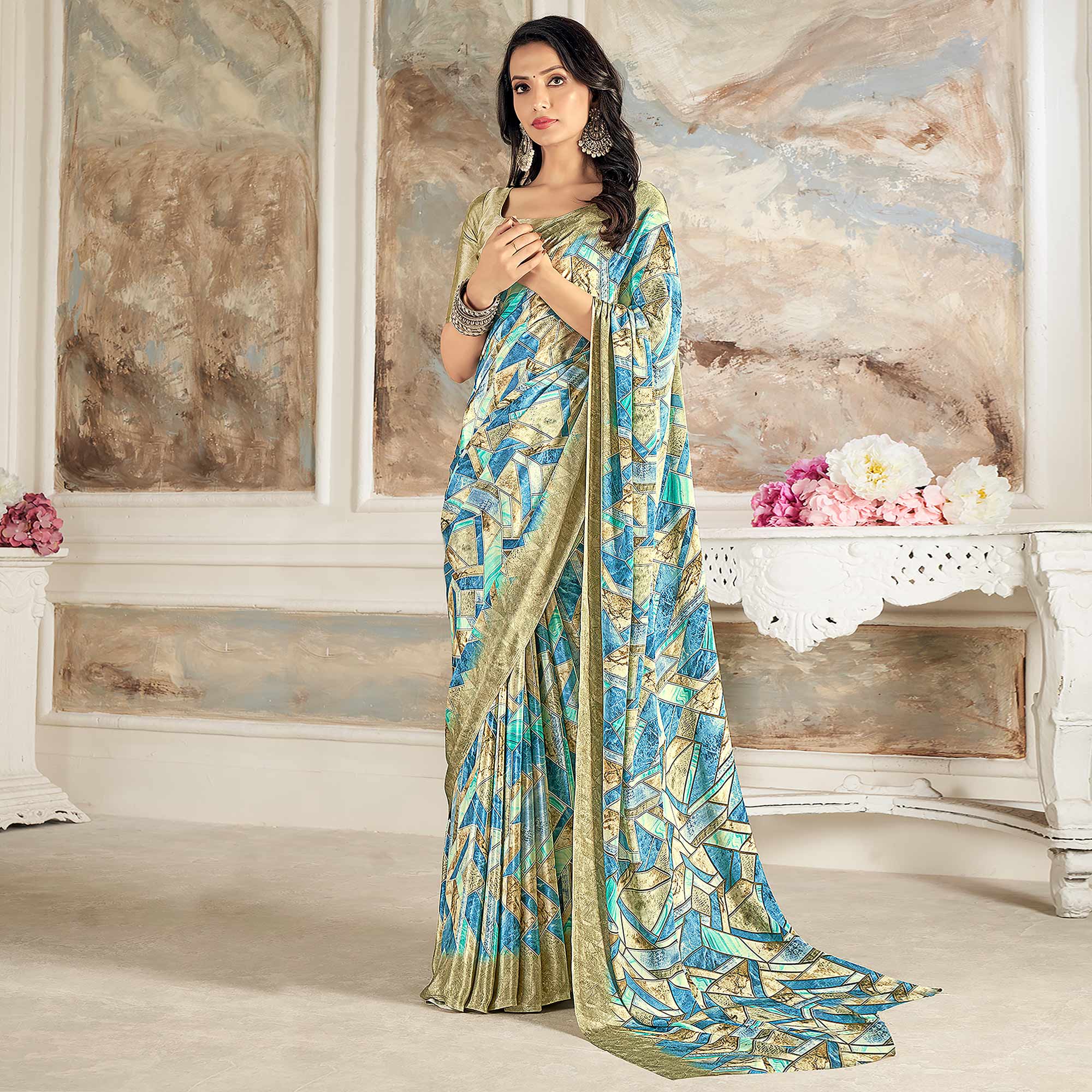 Blue Geometric Printed Crepe Silk Saree