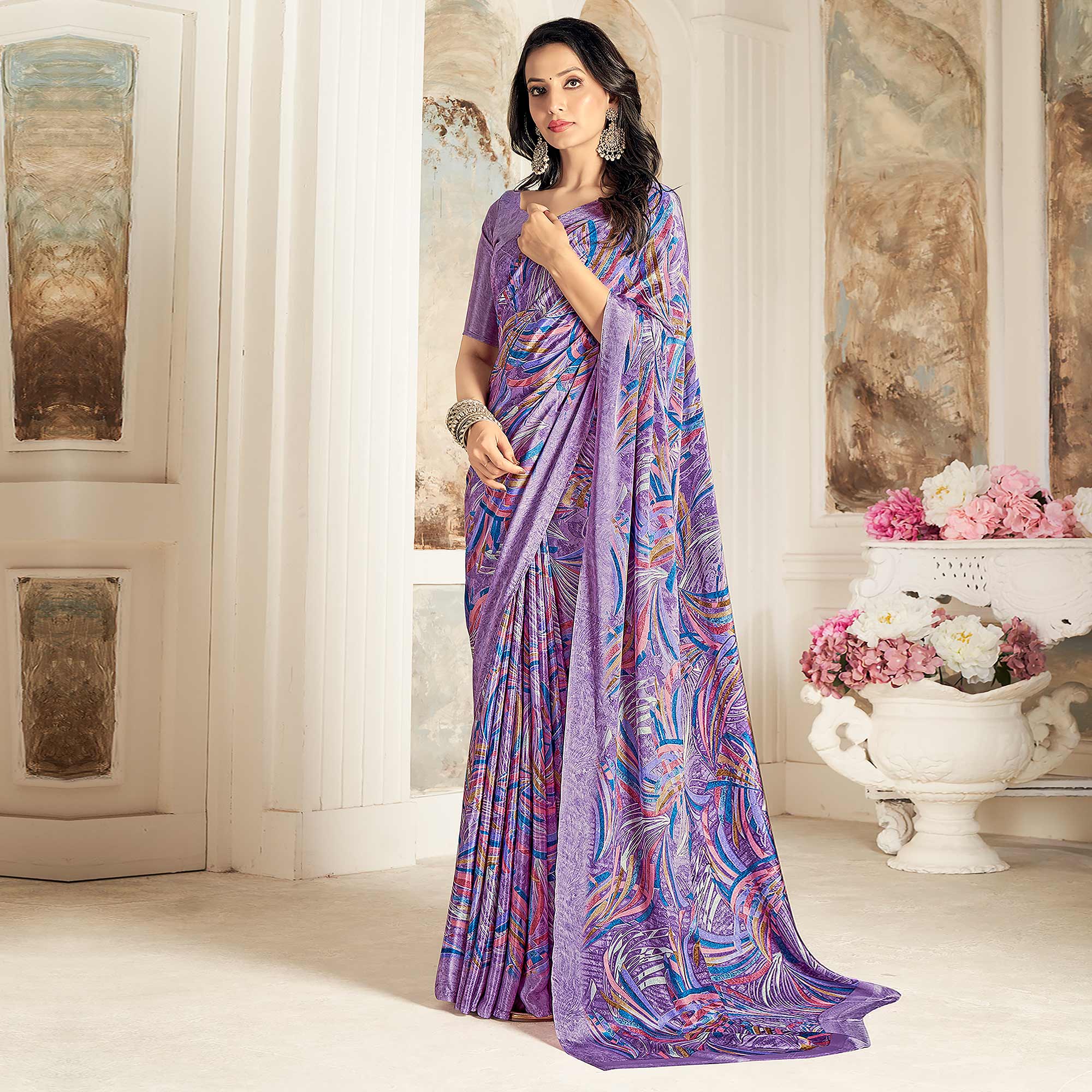 Purple Printed Crepe Silk Saree