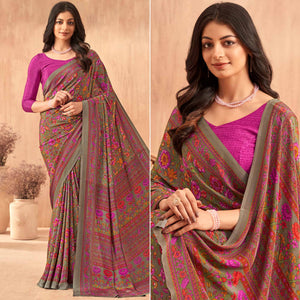 Pink Floral Printed Crepe Saree