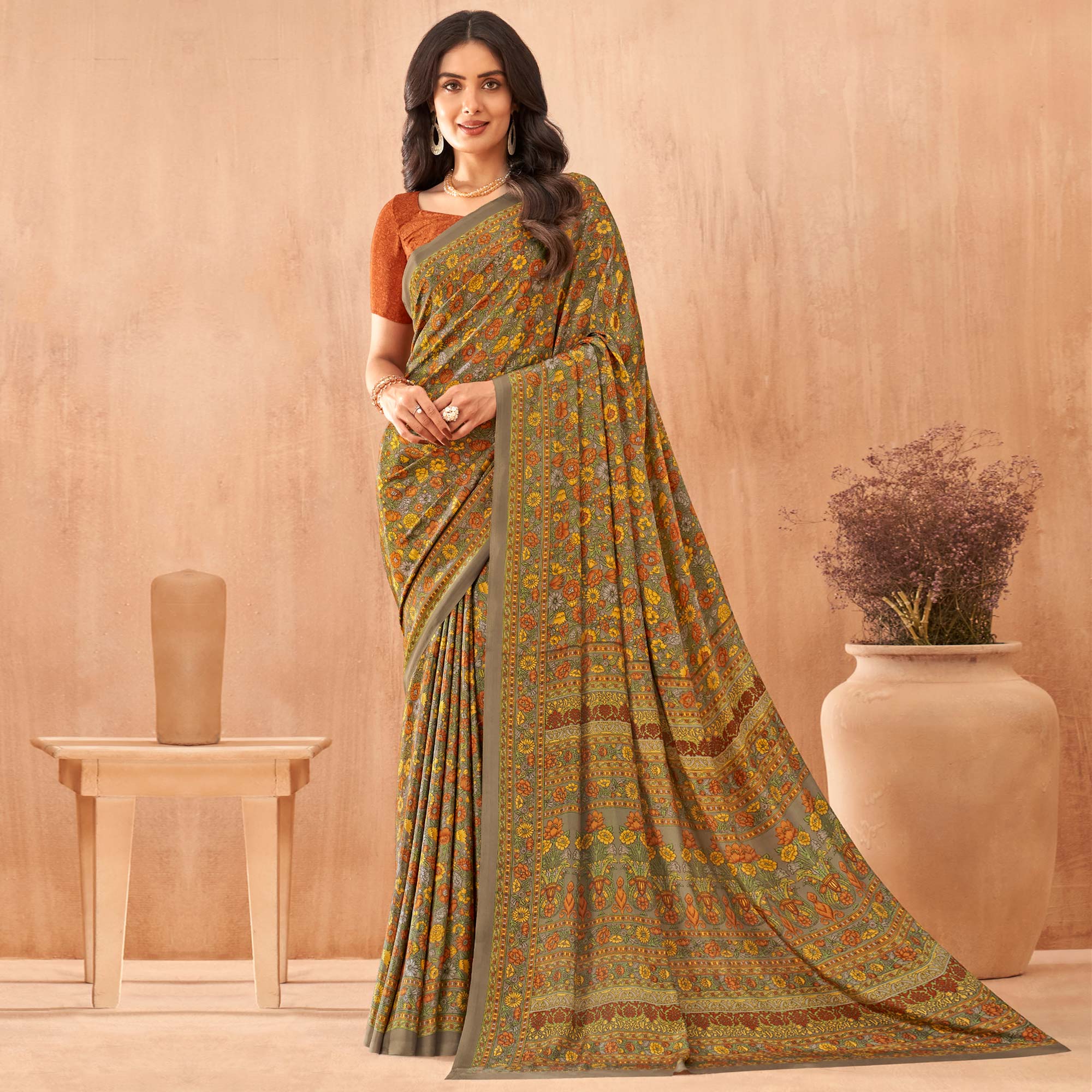 Multicolor Floral Printed Crepe Saree