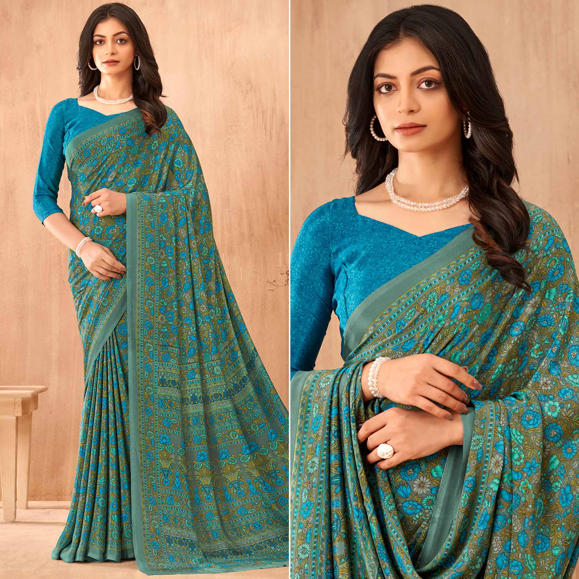 Teal Floral Printed Crepe Saree