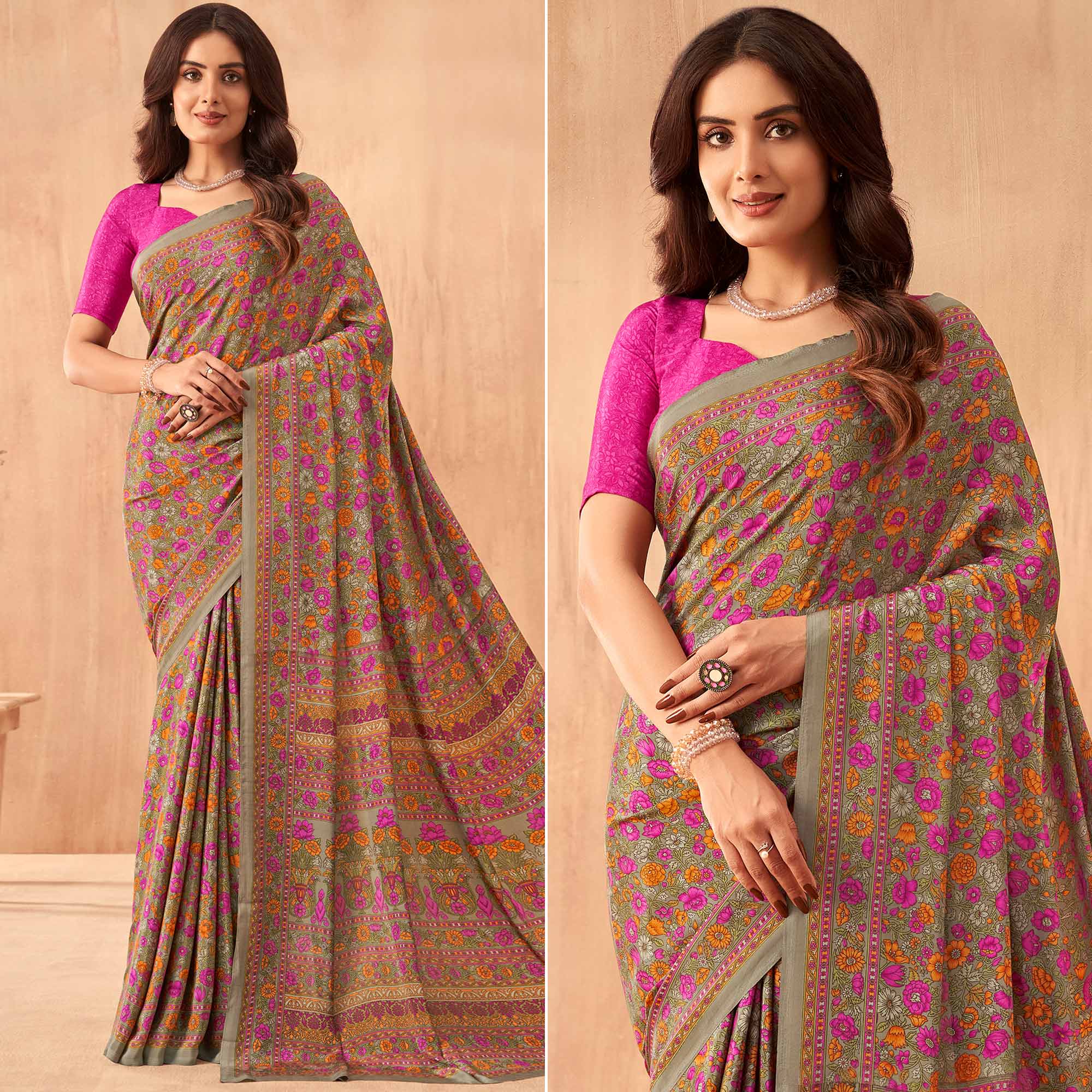 Multicolor Floral Printed Crepe Saree