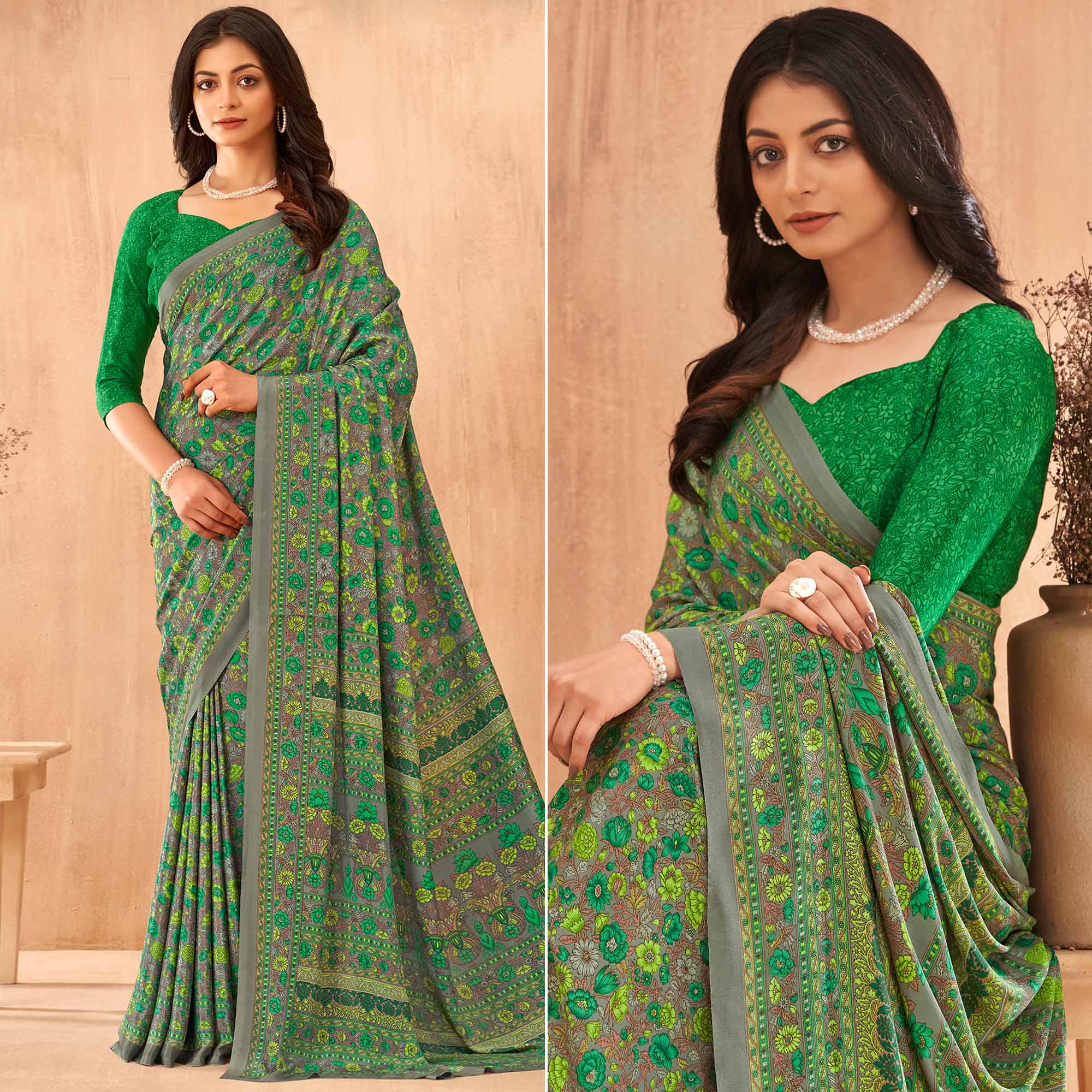 Green Floral Printed Crepe Saree