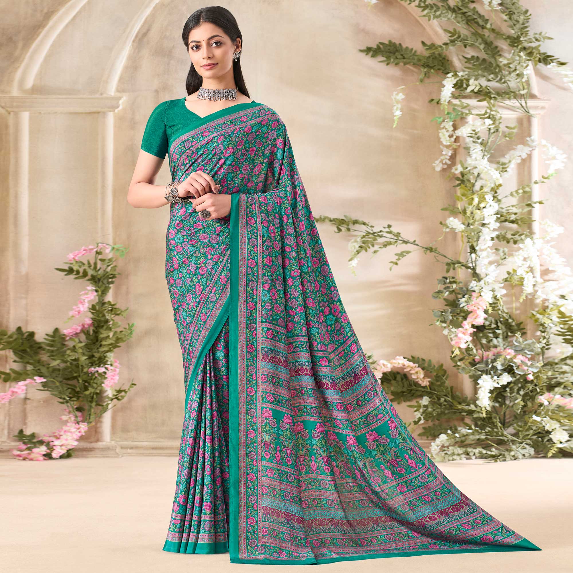 Green Floral Printed Crepe Saree