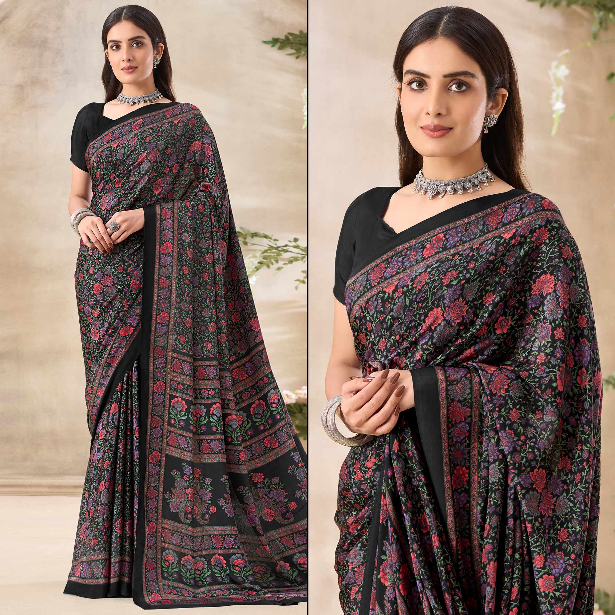 Black Floral Printed Crepe Saree