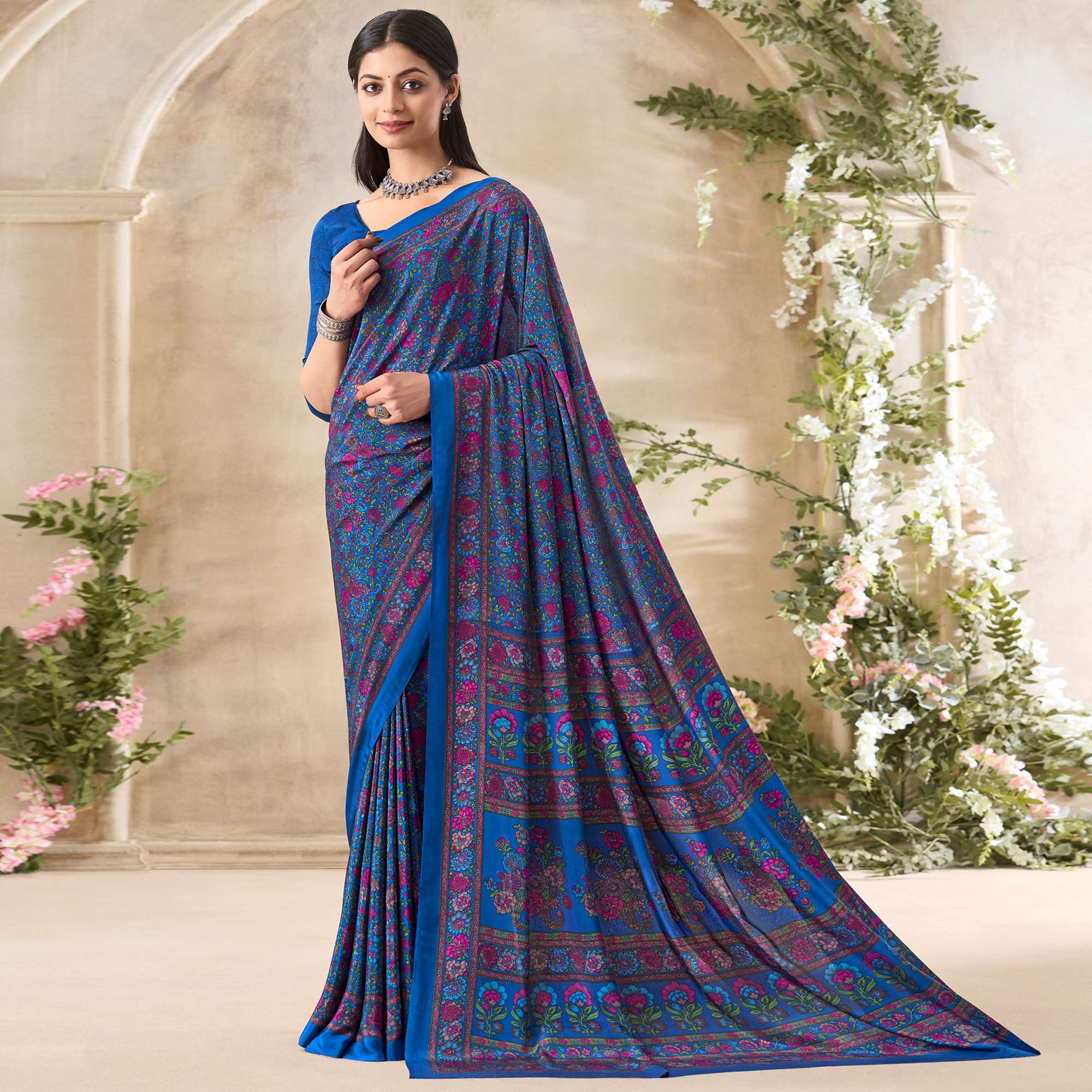 Blue Floral Printed Crepe Saree