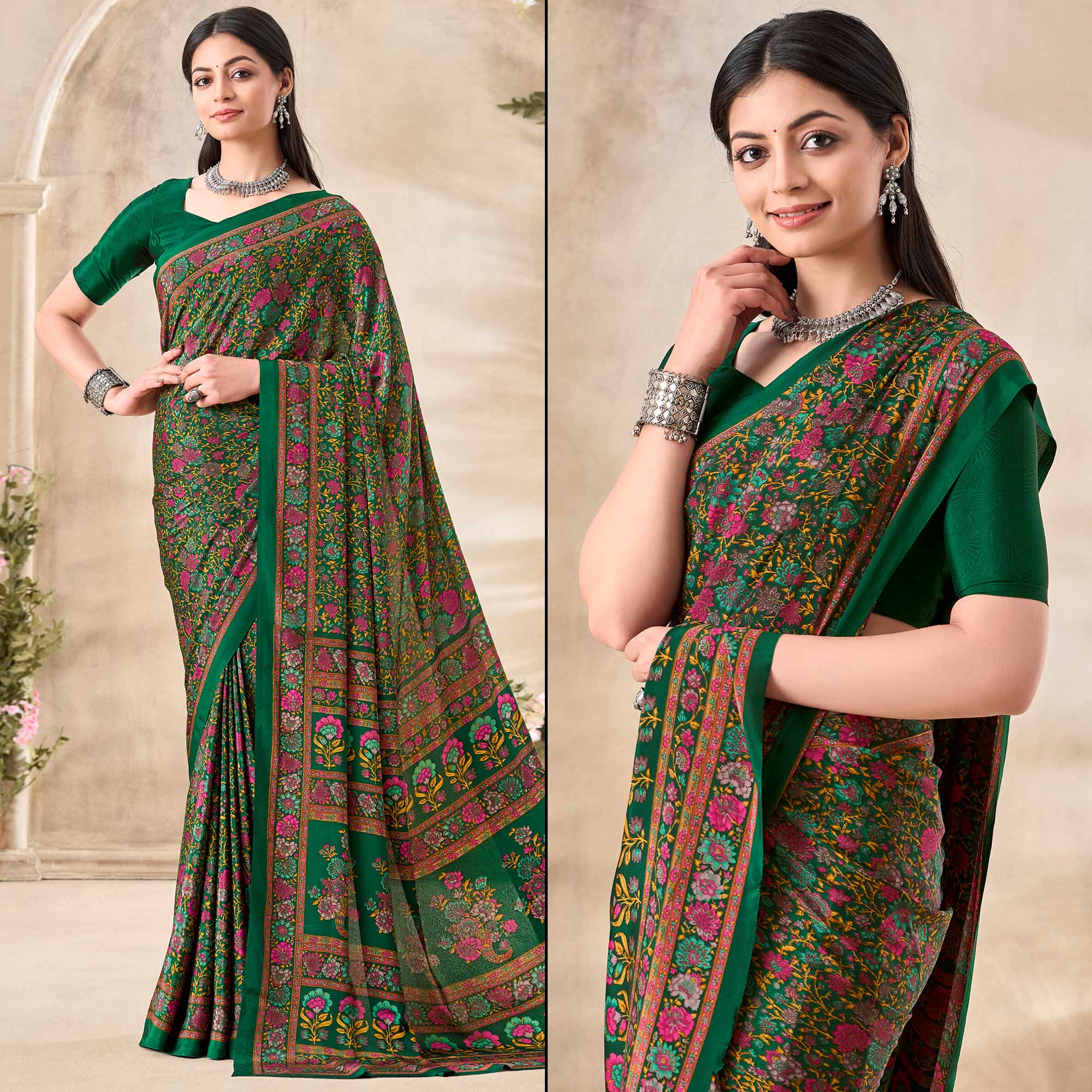 Green Floral Printed Crepe Saree