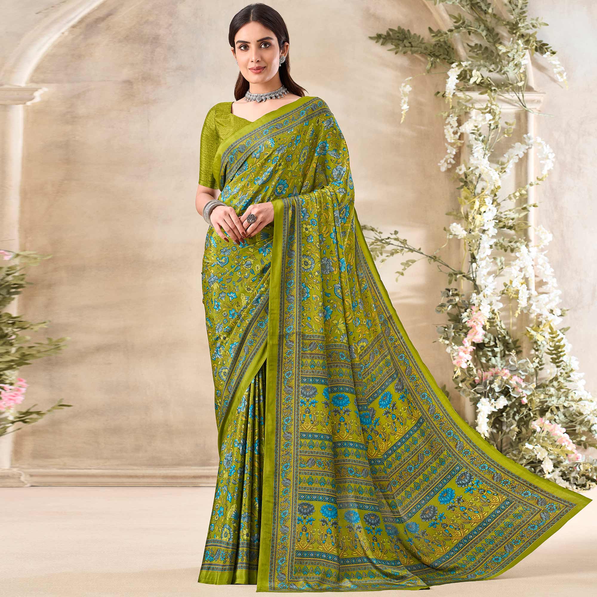 Olive Green Floral Printed Crepe Saree