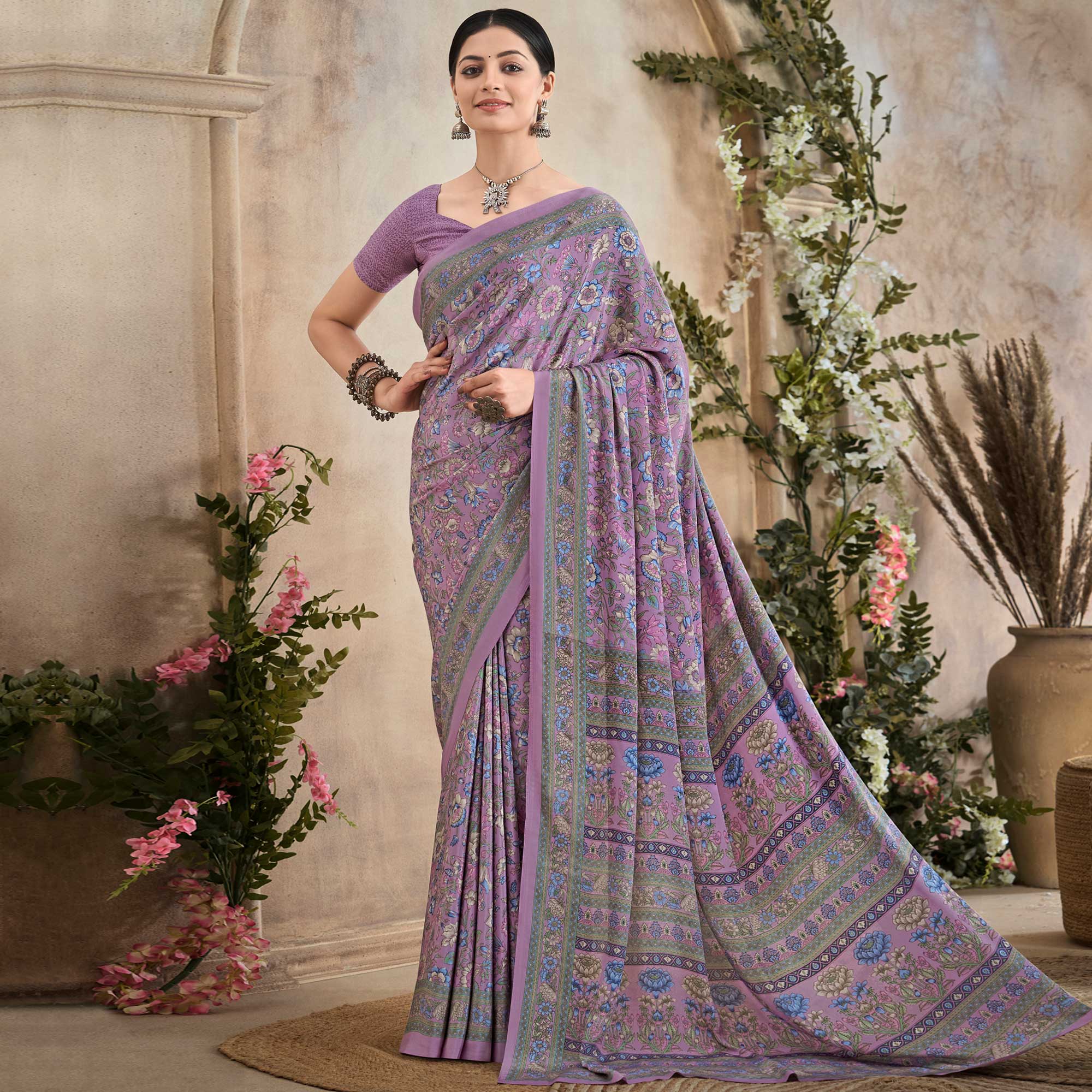 Purple Floral Printed Crepe Silk Saree