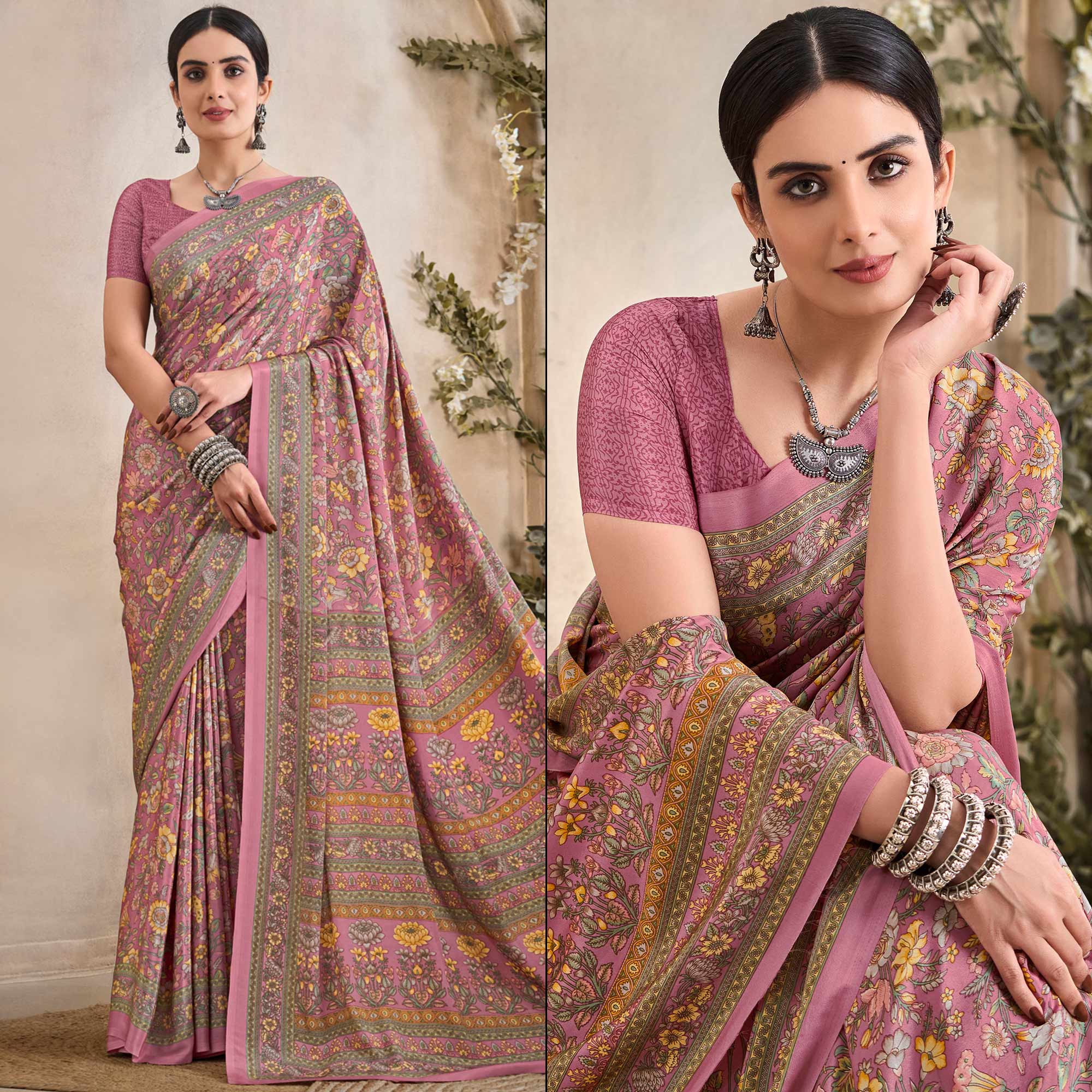 Mauve Floral Printed Crepe Silk Saree