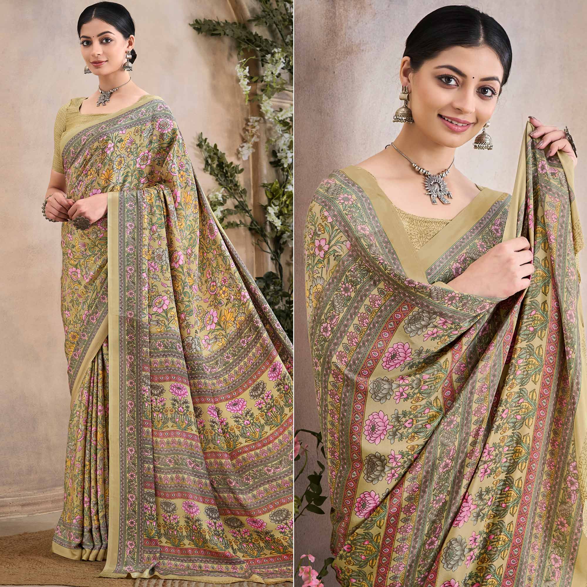 Beige Floral Printed Crepe Silk Saree