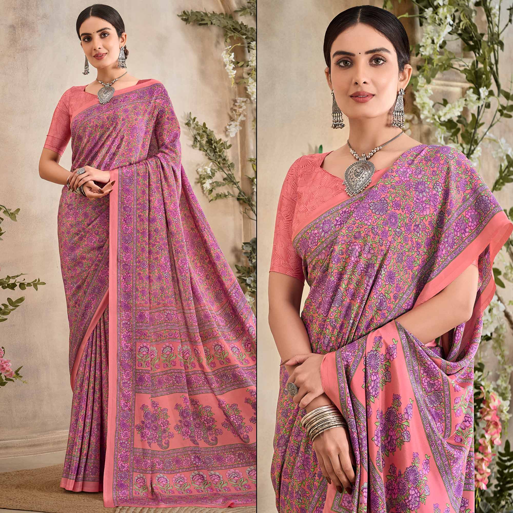 Pink Floral Printed Crepe Silk Saree