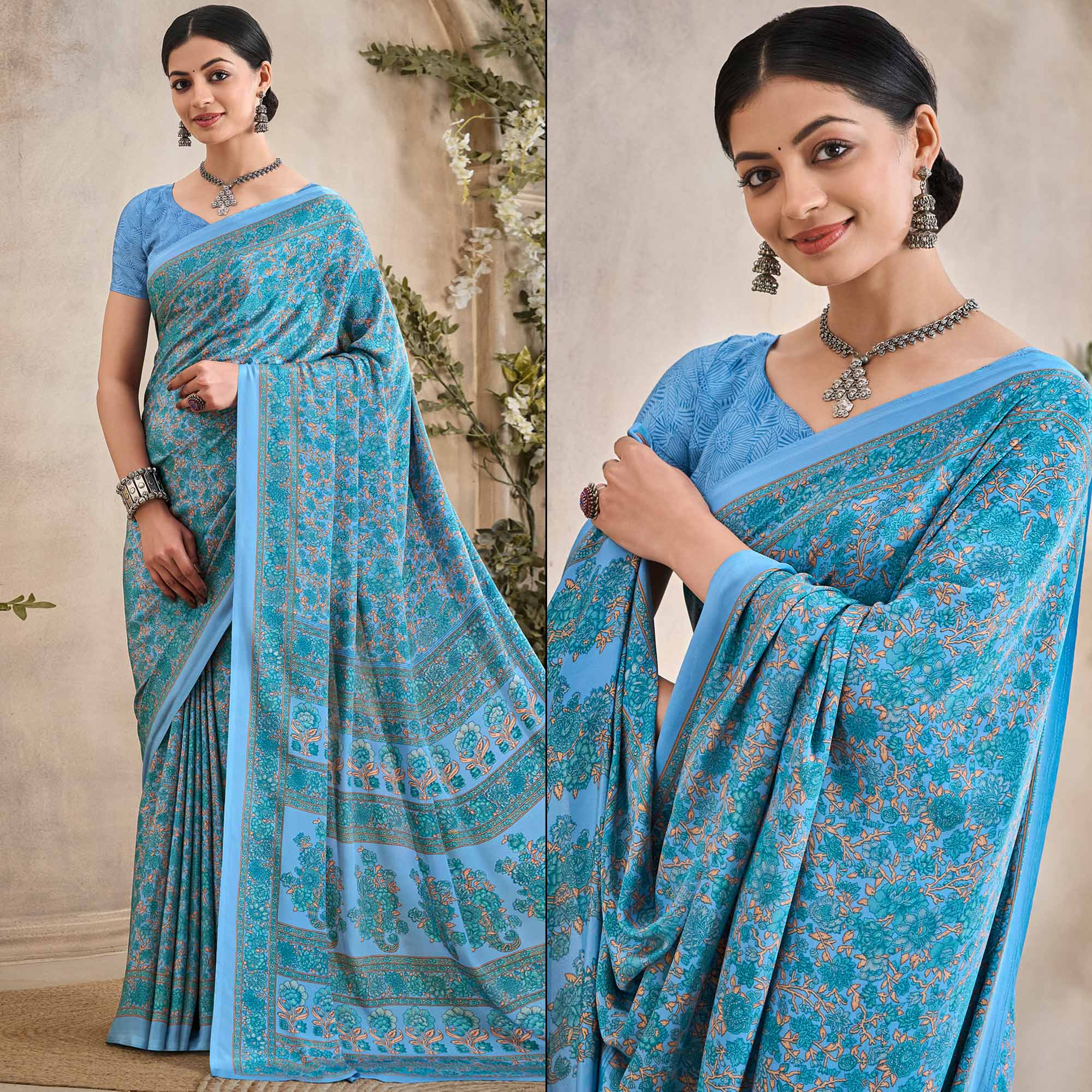 Blue Crepe Silk Floral Printed Saree