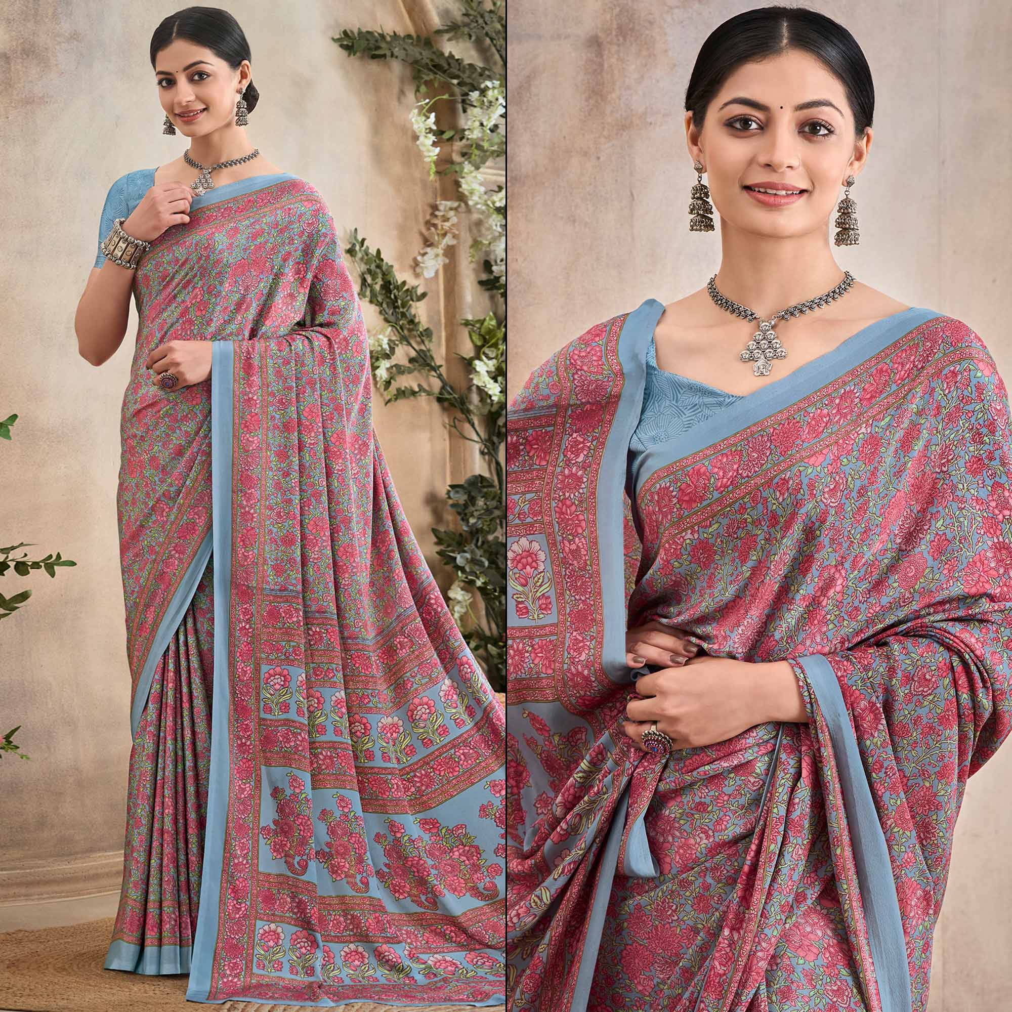 Greyish Blue Floral Printed Crepe Silk Saree