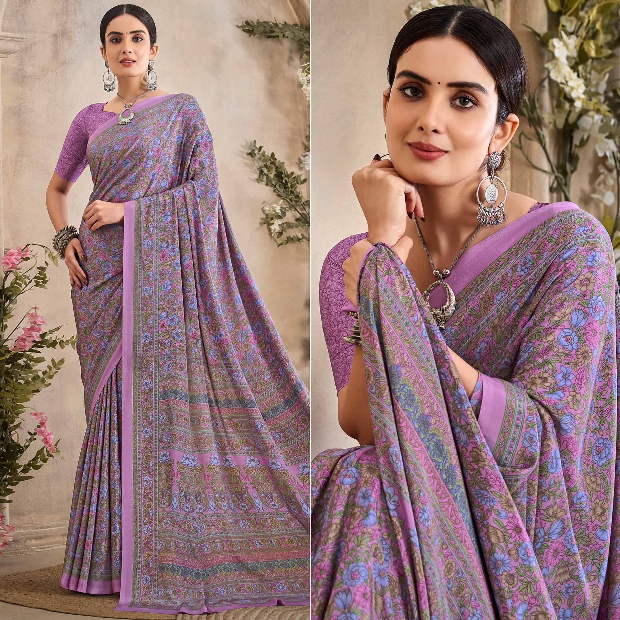 Purple Crepe Silk Floral Printed Saree