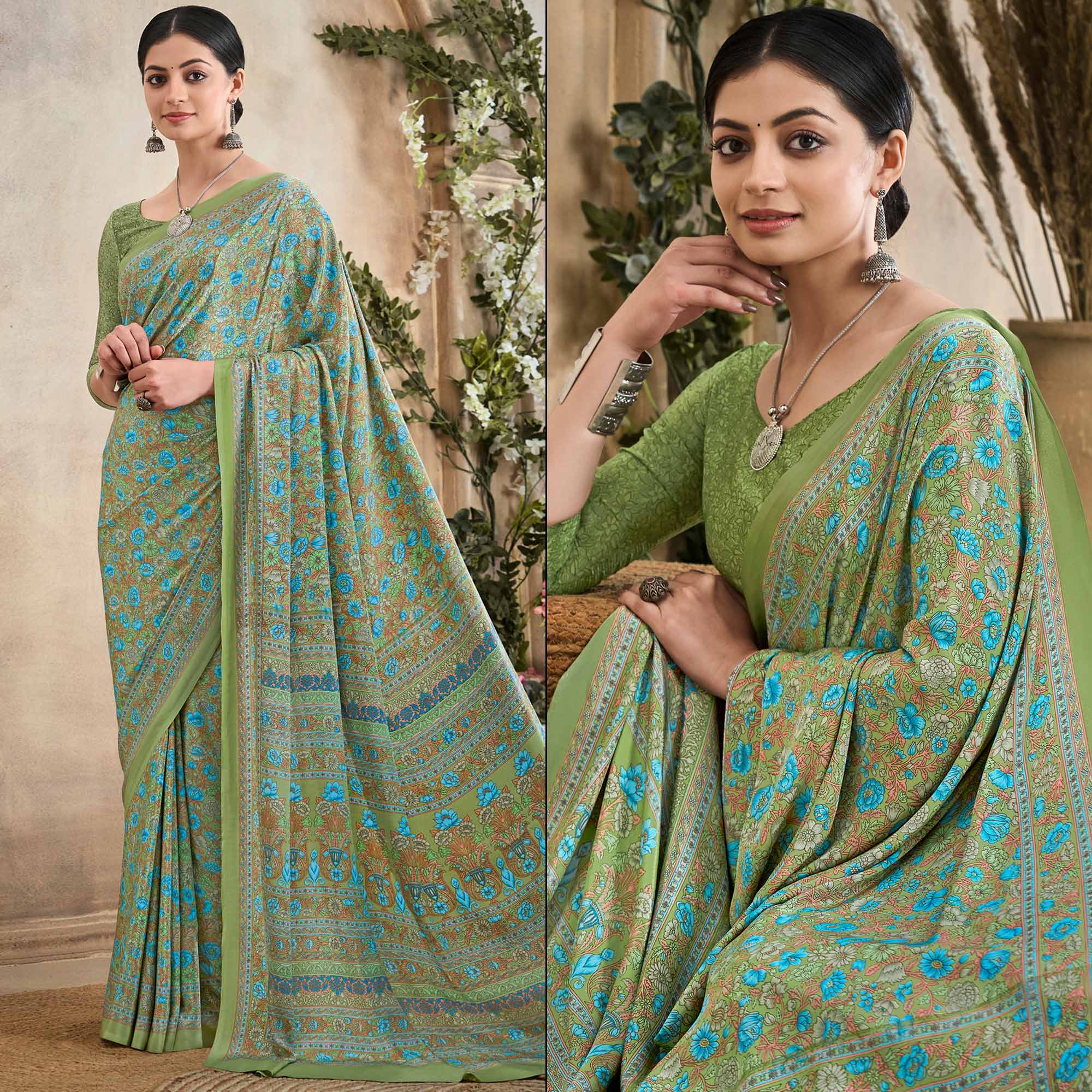 Green Crepe Silk Floral Printed Saree