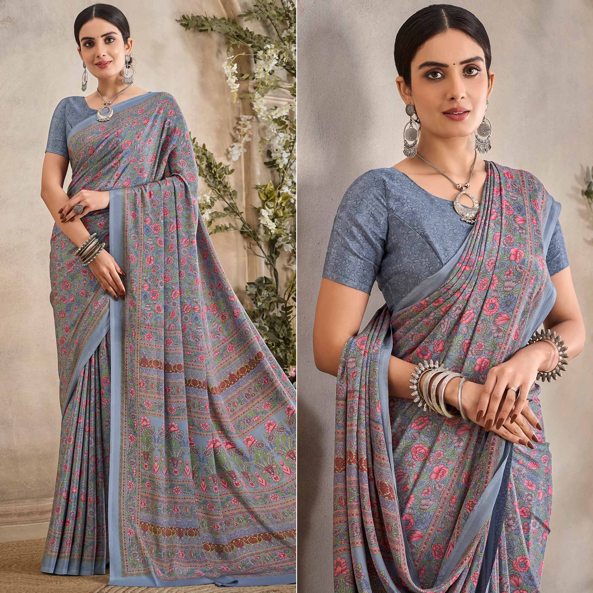 Grey Crepe Silk Floral Printed Saree