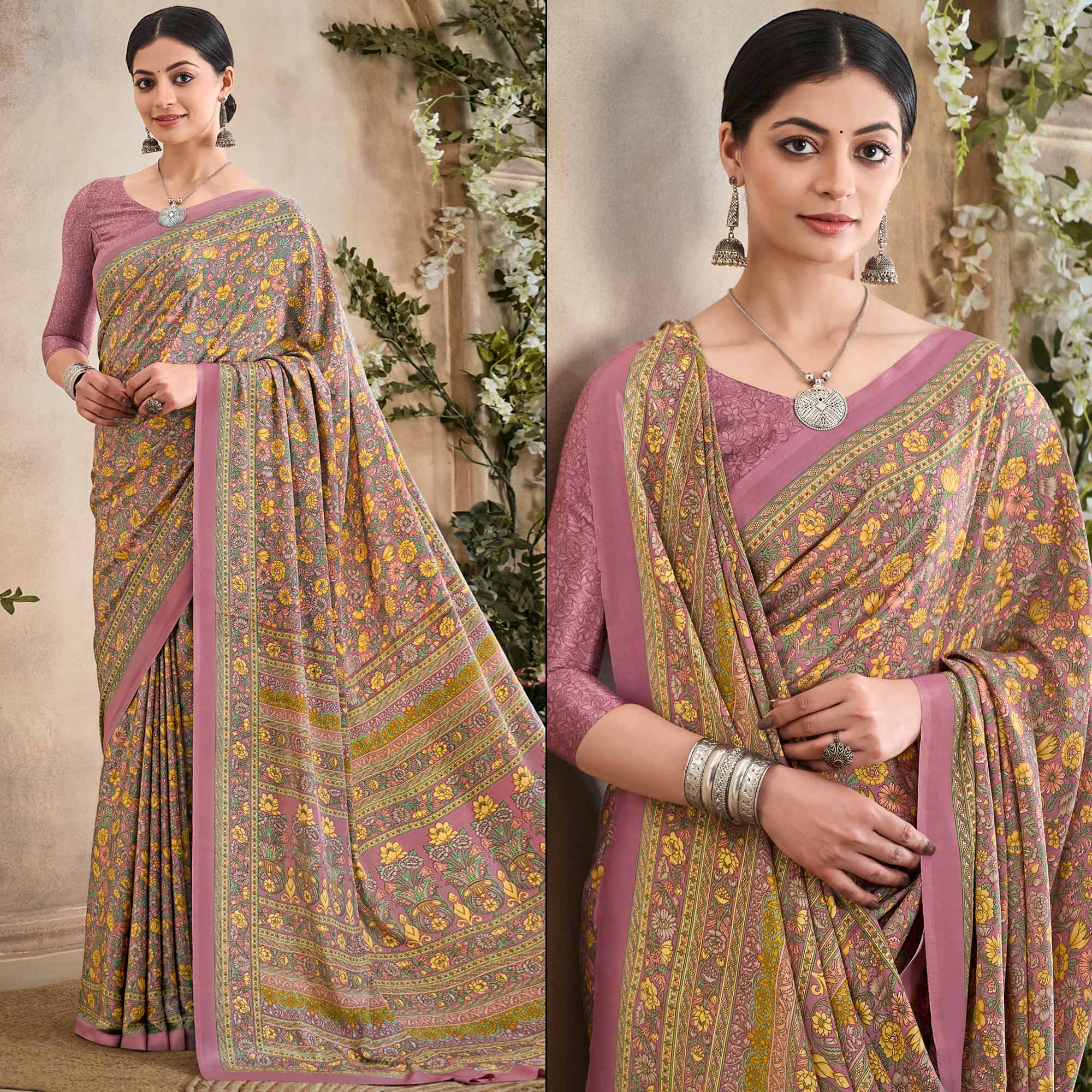 Mauve Crepe Silk Floral Printed  Saree