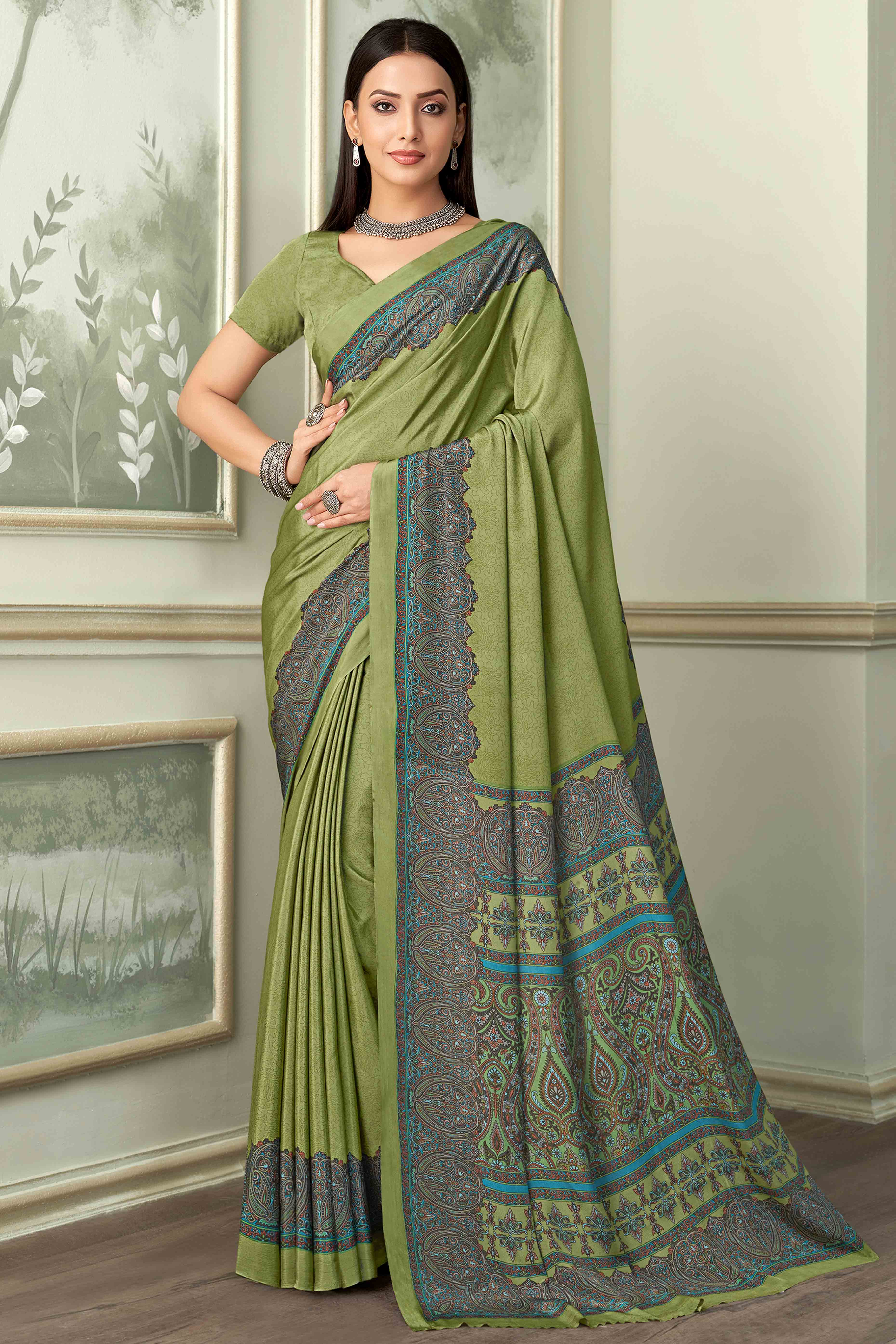 Olive Green Floral Printed Crepe Silk Saree