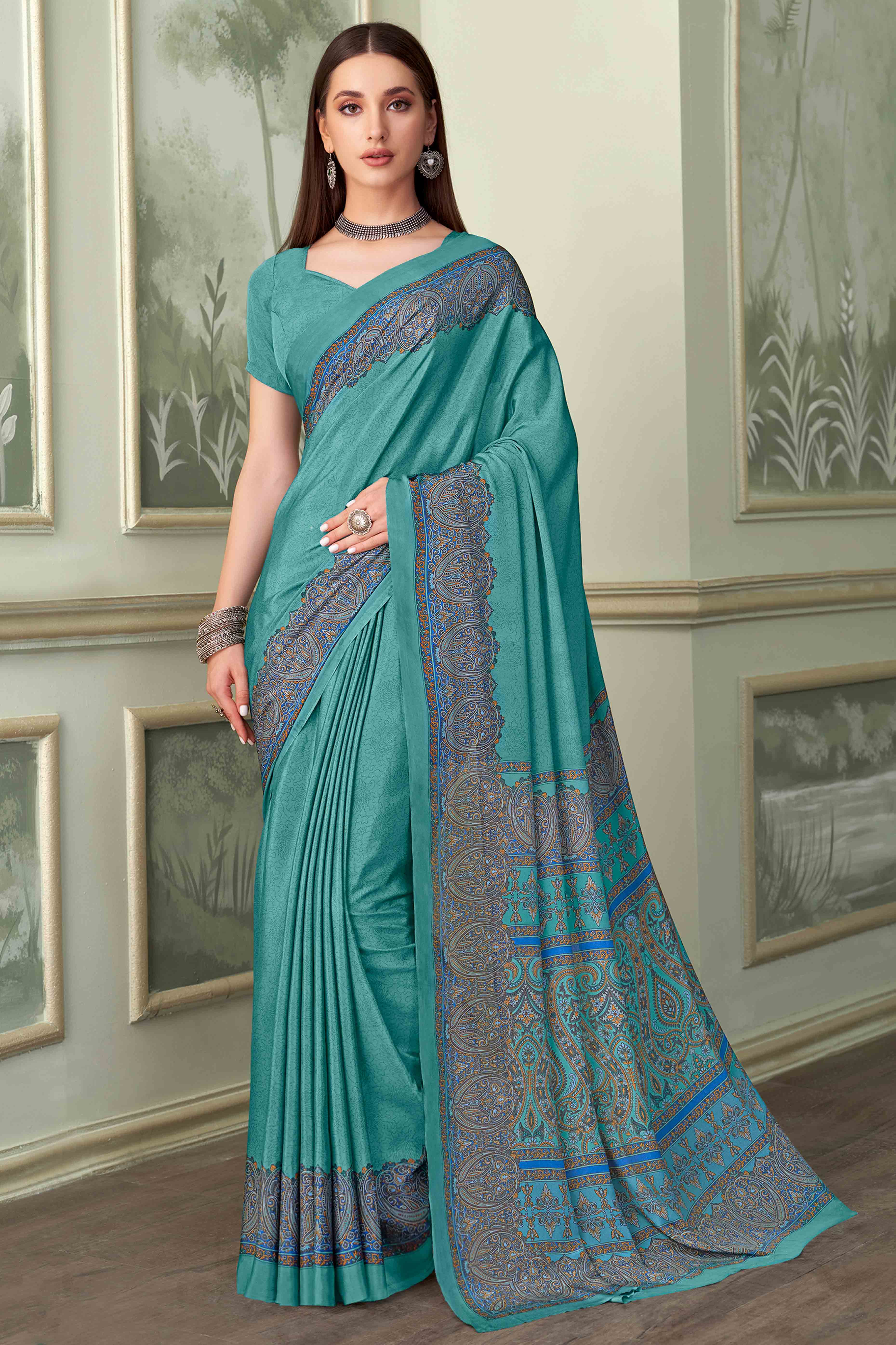 Rama Blue Floral Printed Crepe Silk Saree