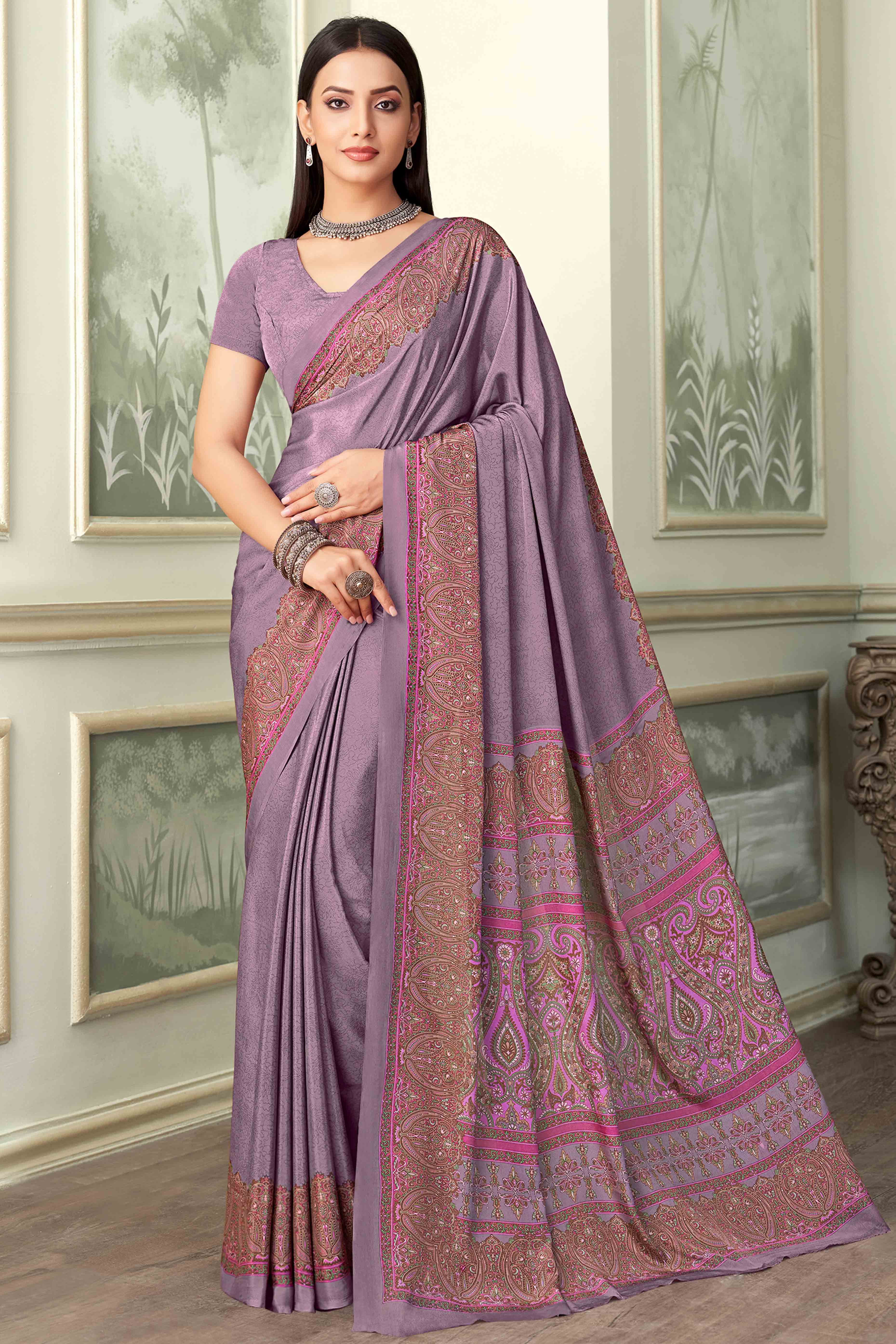 Mauve Floral Printed Crepe Silk Saree
