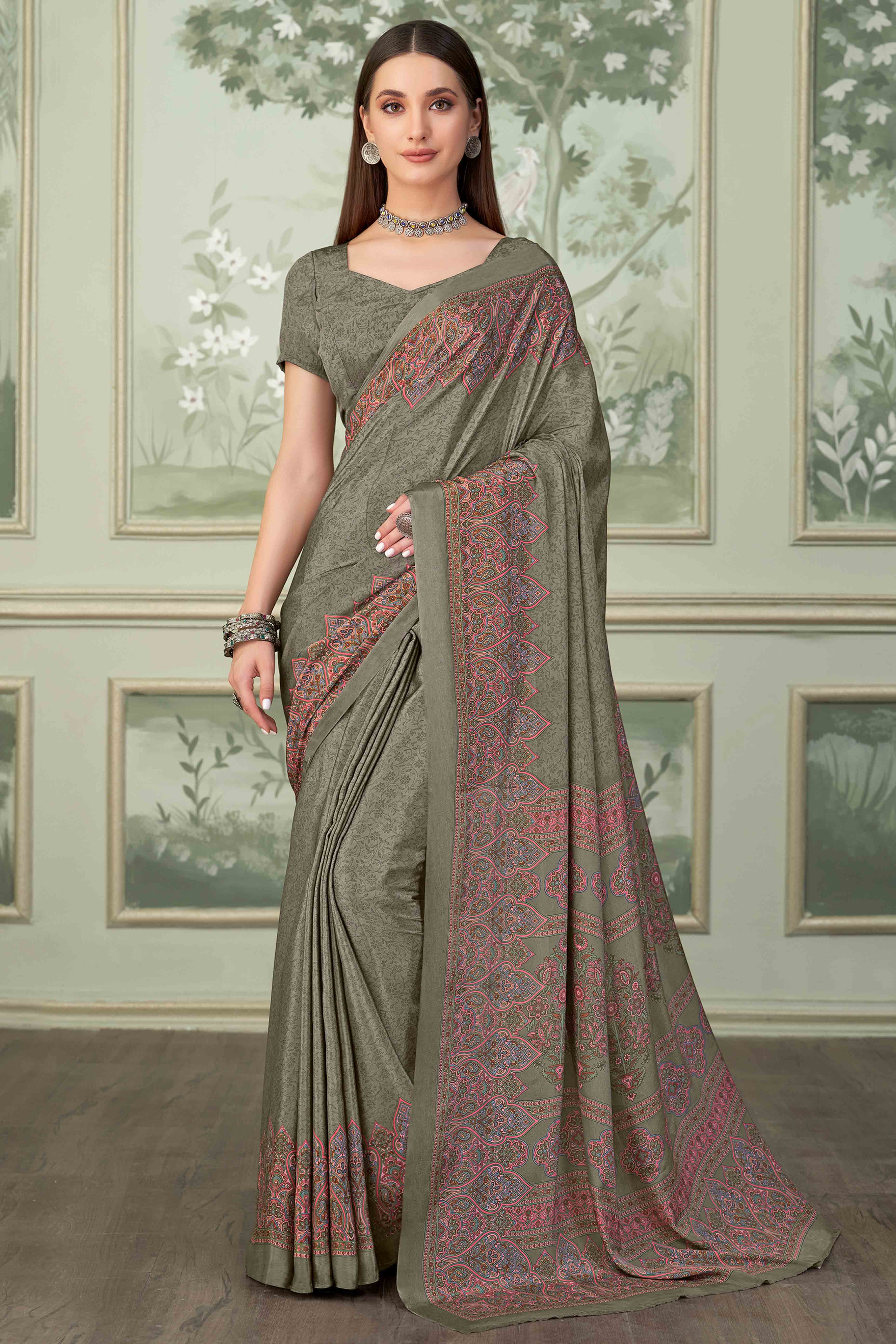 Grey Floral Printed Crepe Silk Saree
