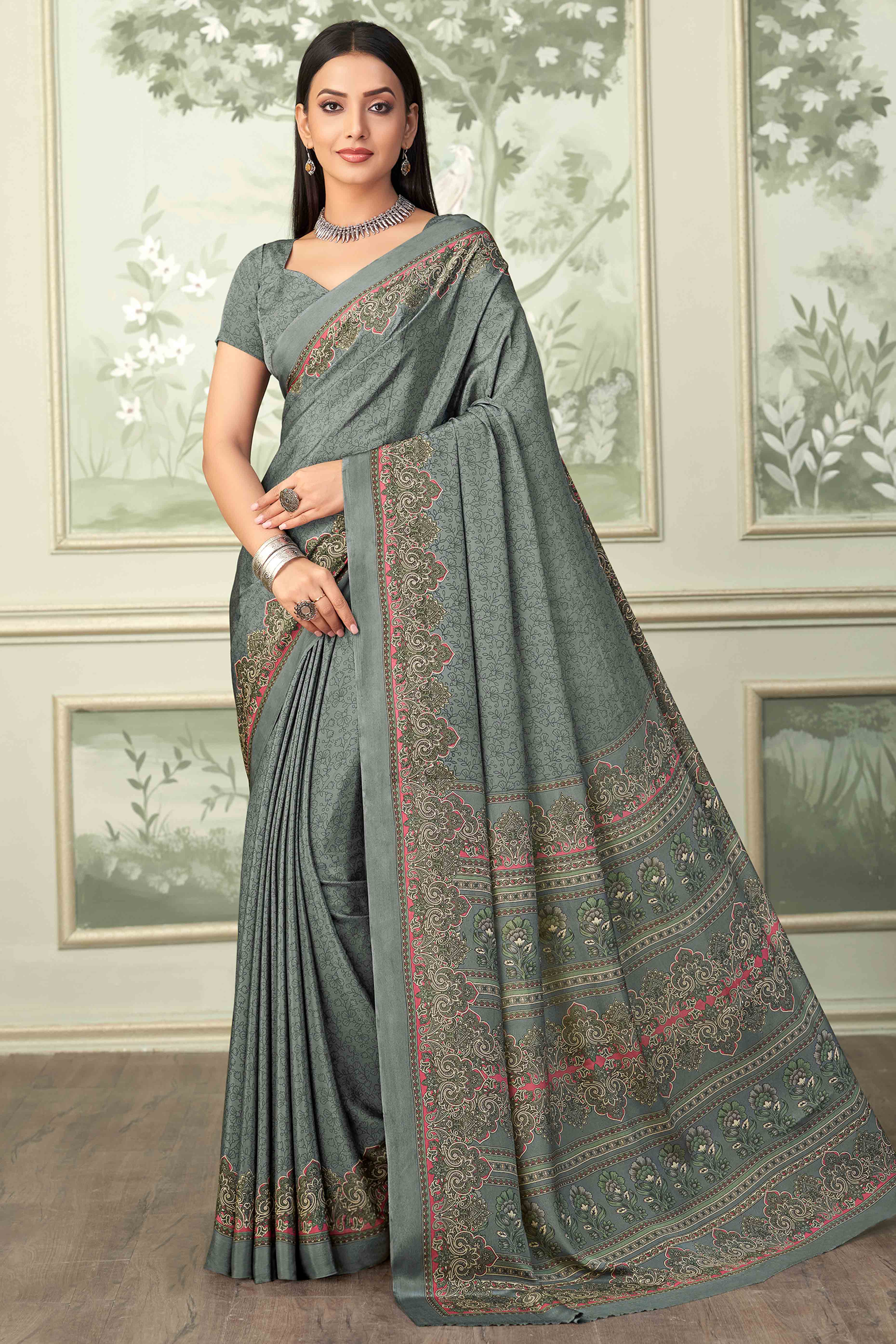 Grey Floral Printed Crepe Silk Saree