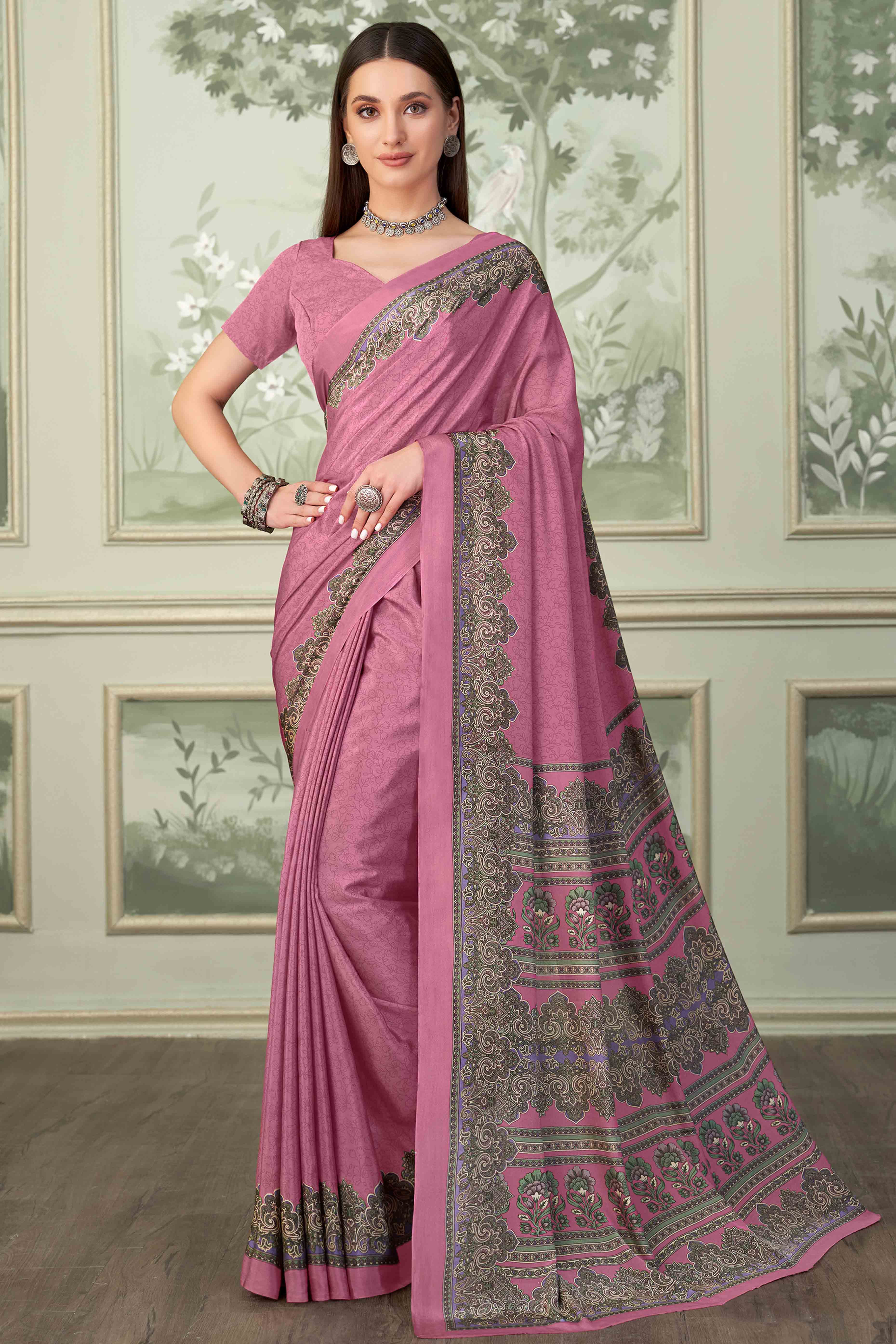 Pink Floral Printed Crepe Silk Saree