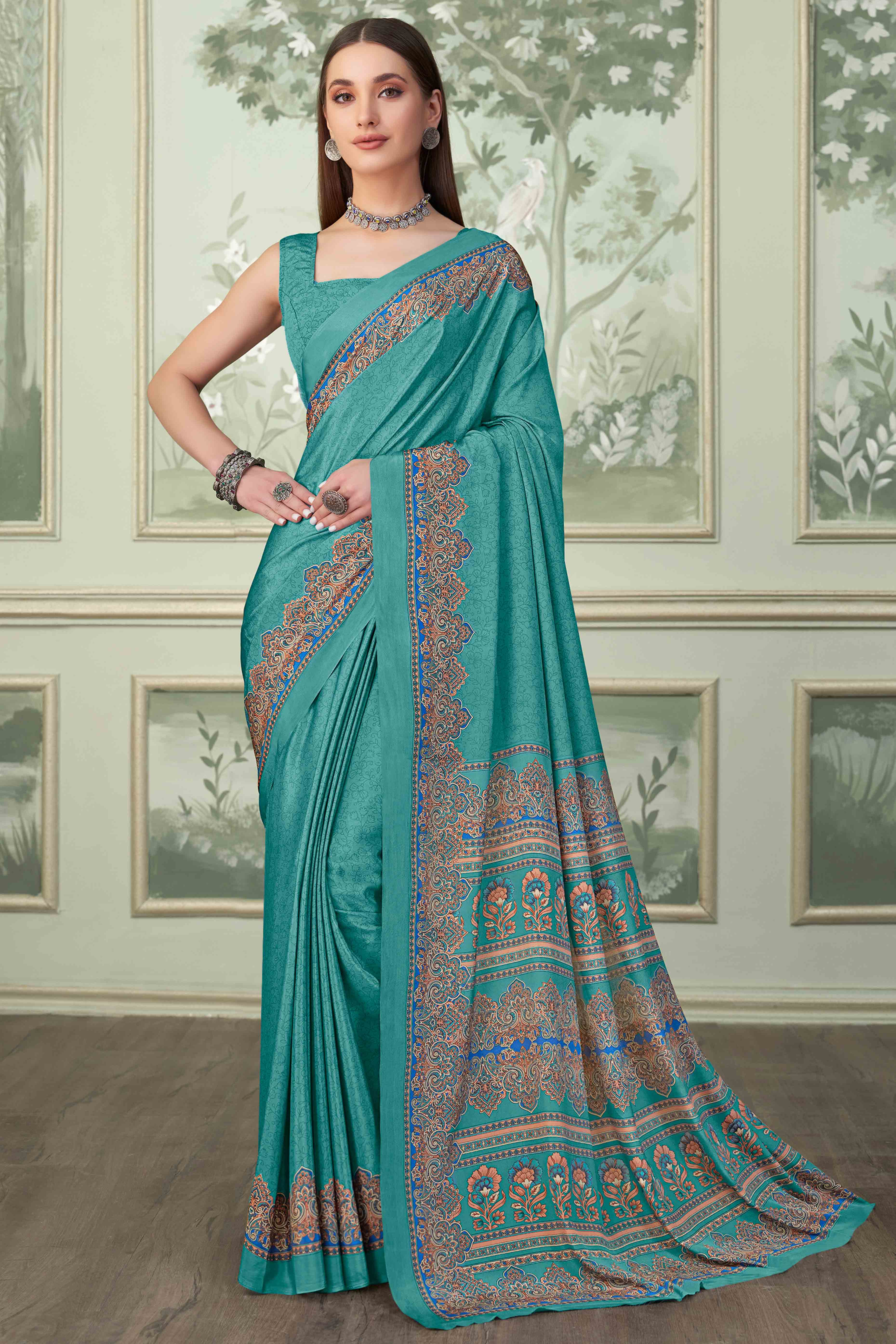 Turquoise Floral Printed Crepe Silk Saree