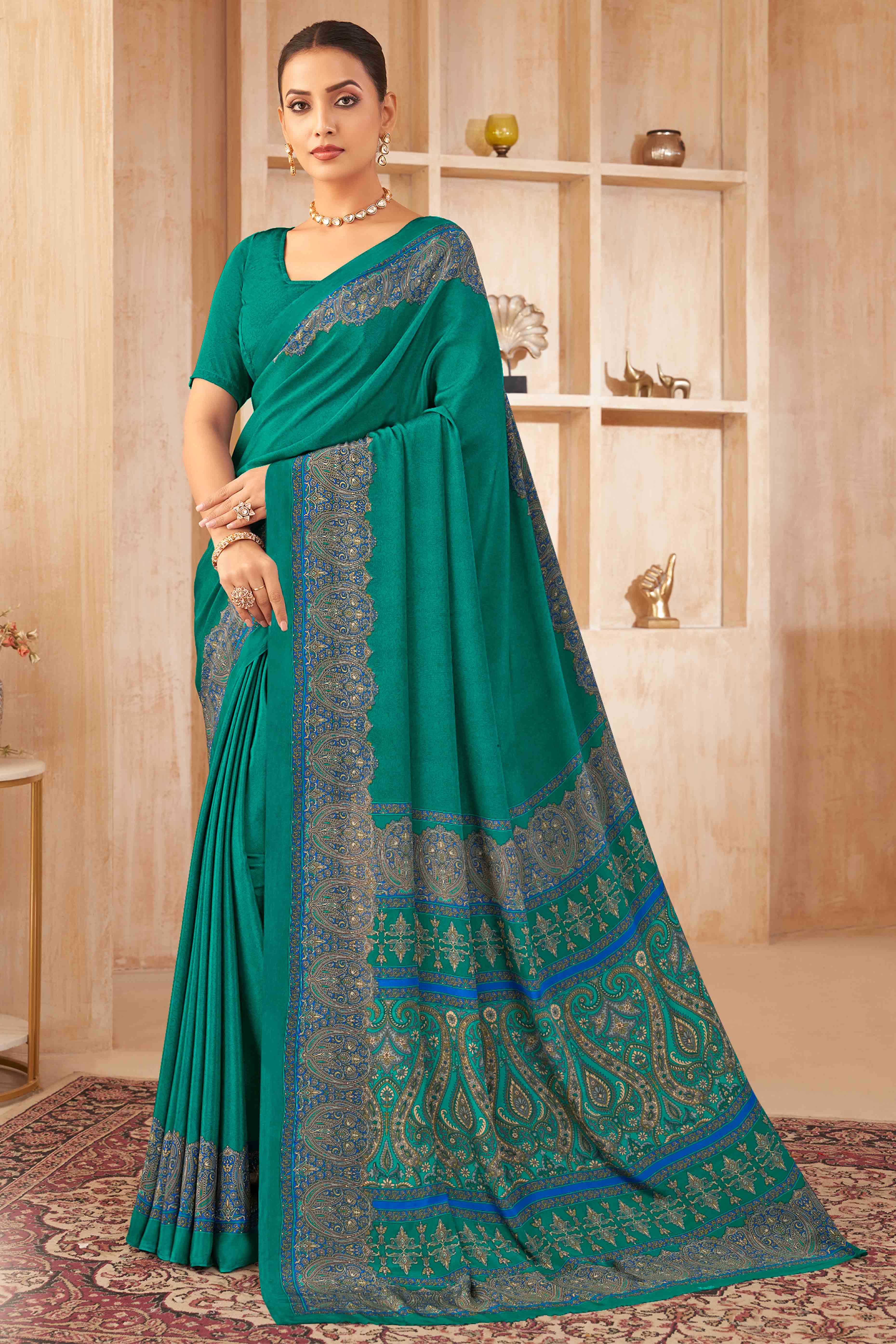 Rama Green Floral Printed Crepe Silk Saree