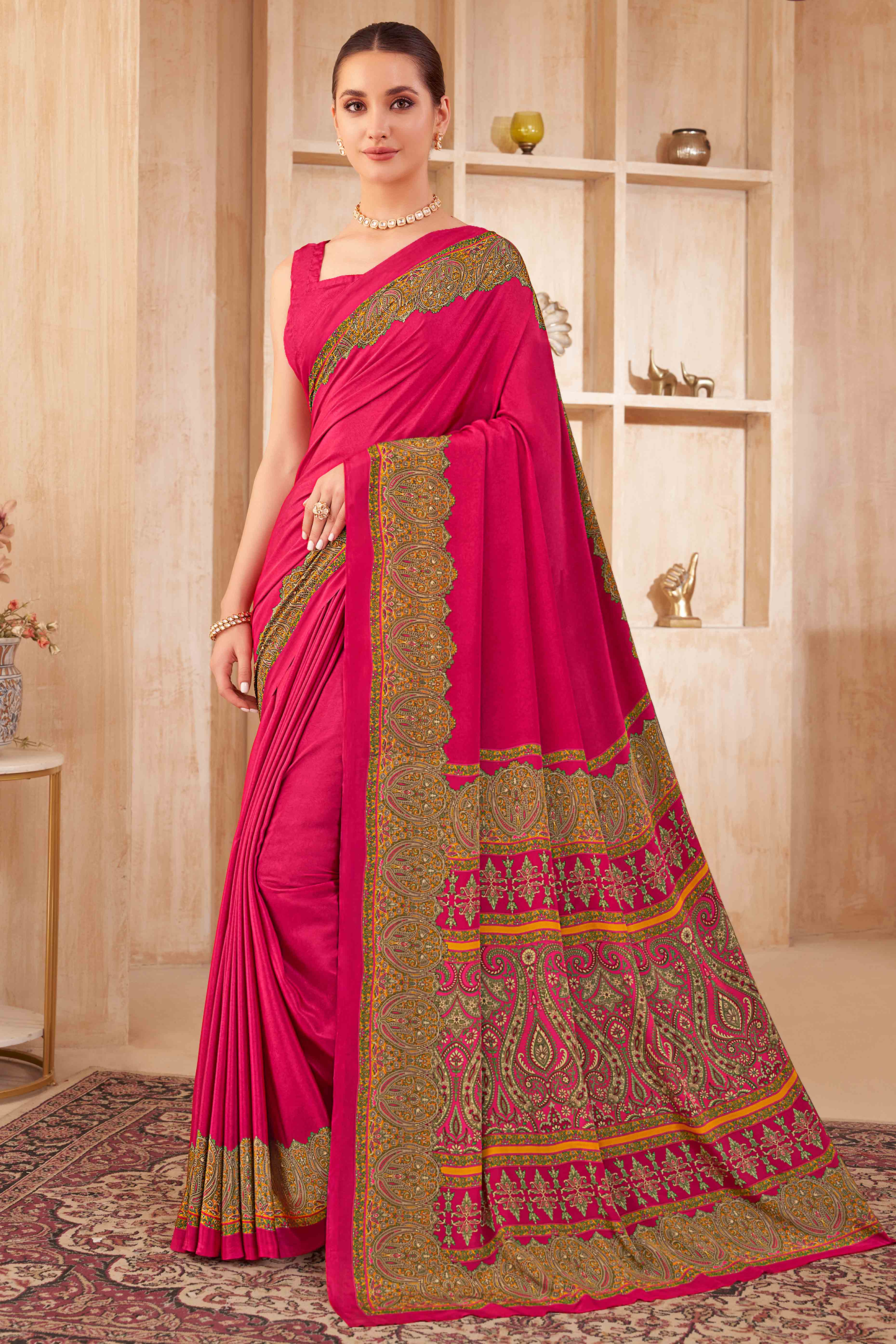 Pink Floral Printed Crepe Silk Saree