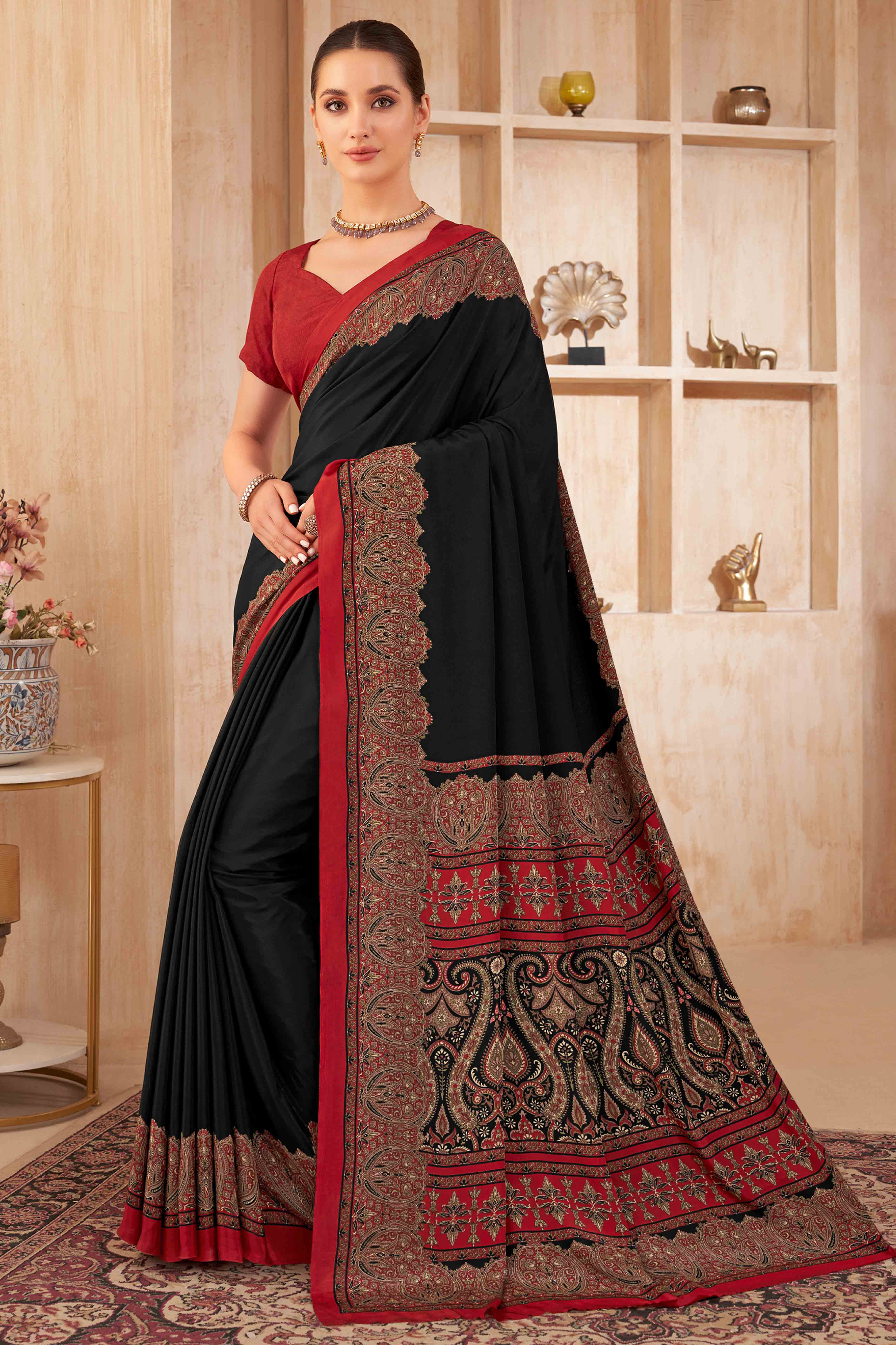 Black Floral Printed Crepe Silk Saree