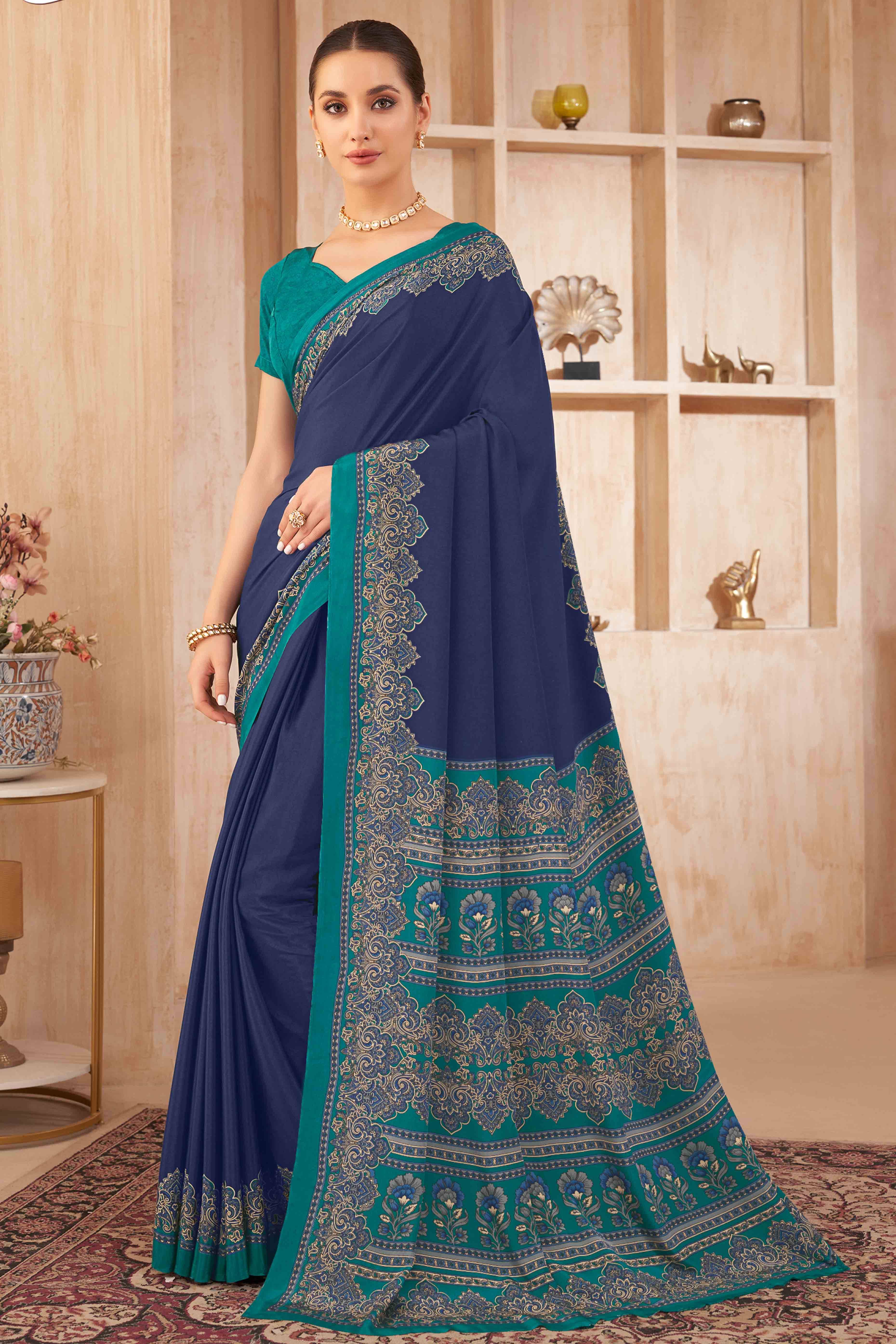 Navy Blue Floral Printed Crepe Silk Saree