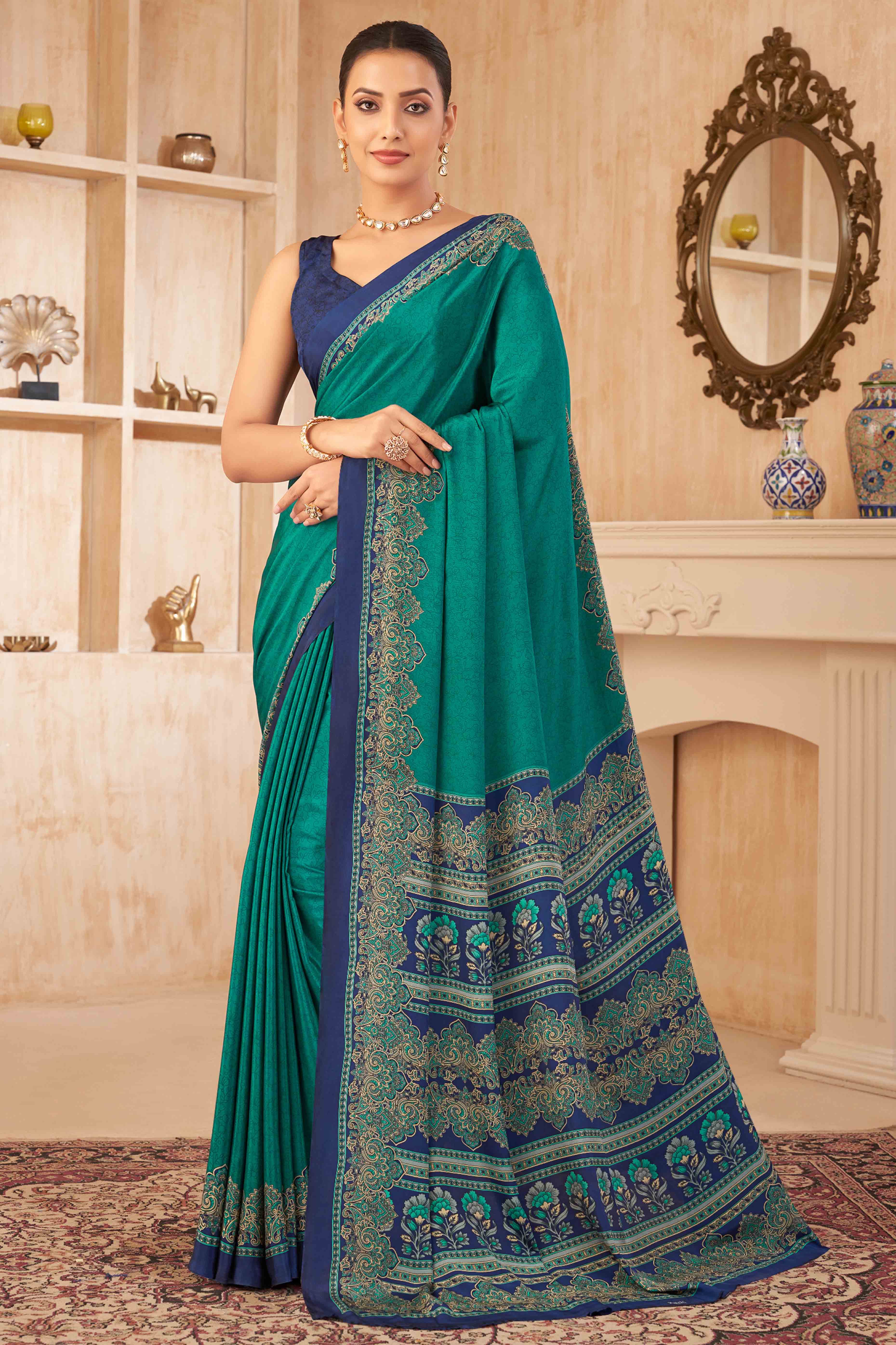 Rama Green Floral Printed Crepe Silk Saree