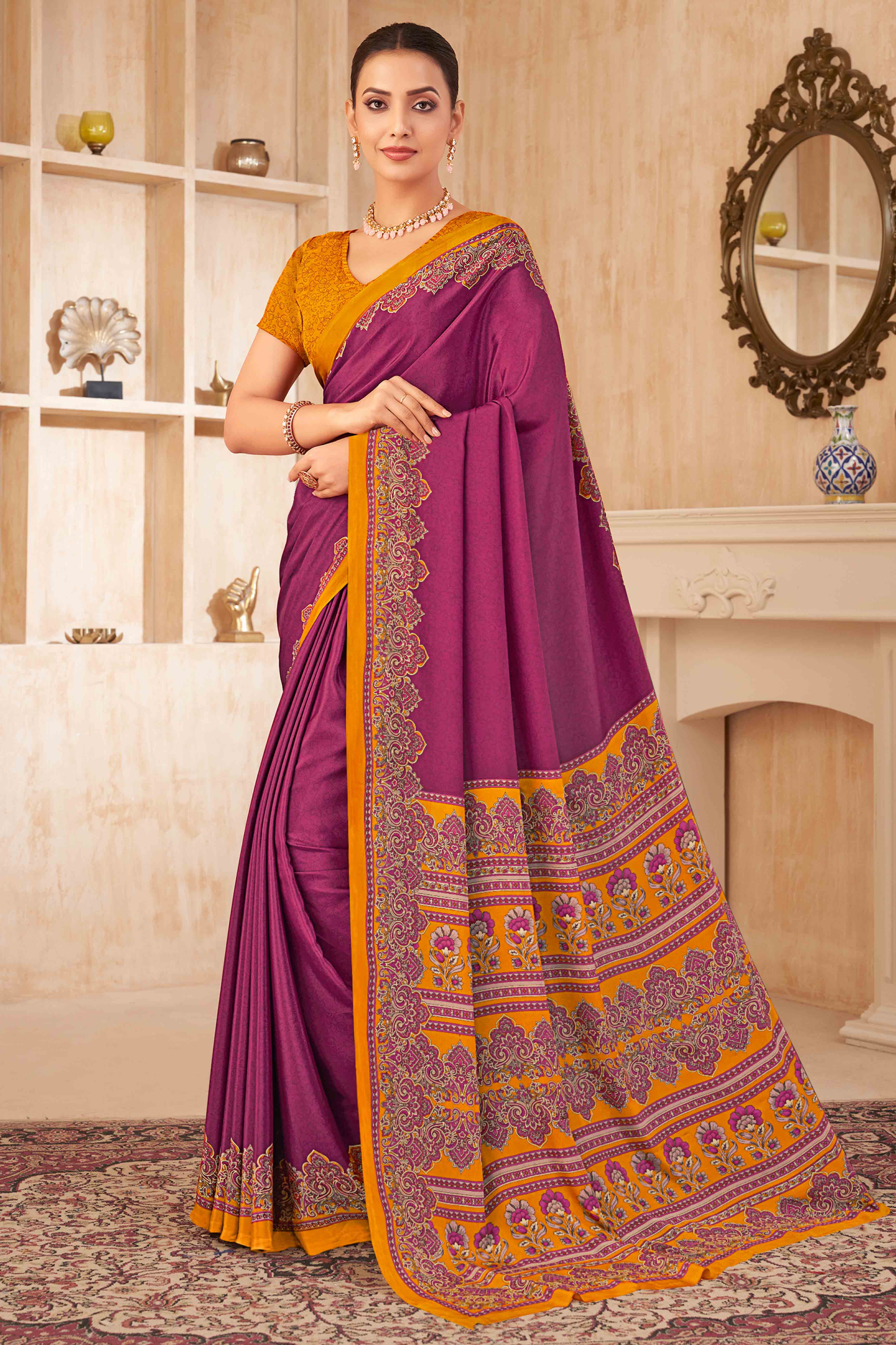 Purple Floral Printed Crepe Silk Saree