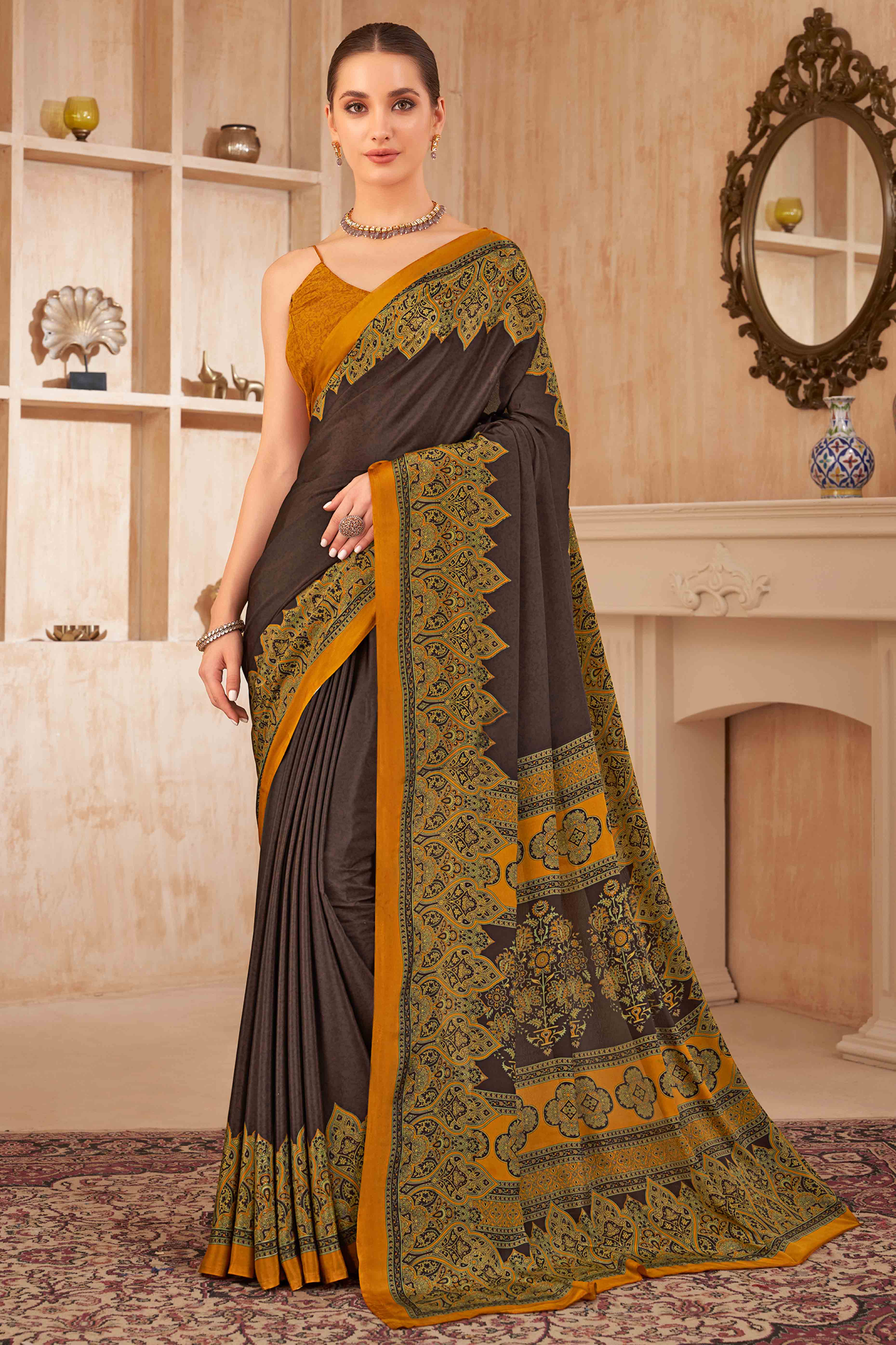 Brown Floral Printed Crepe Silk Saree