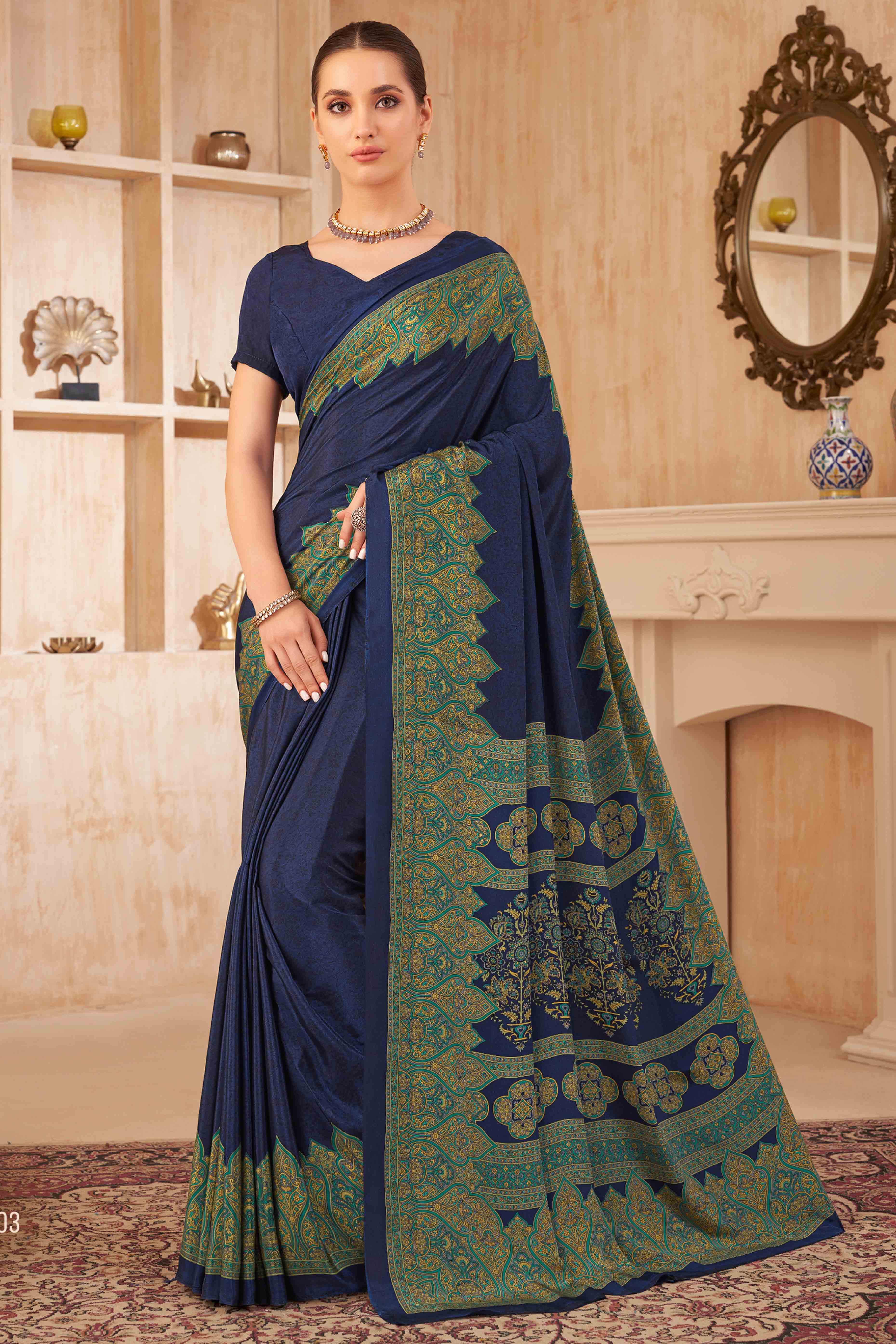 Navy Blue Floral Printed Crepe Silk Saree
