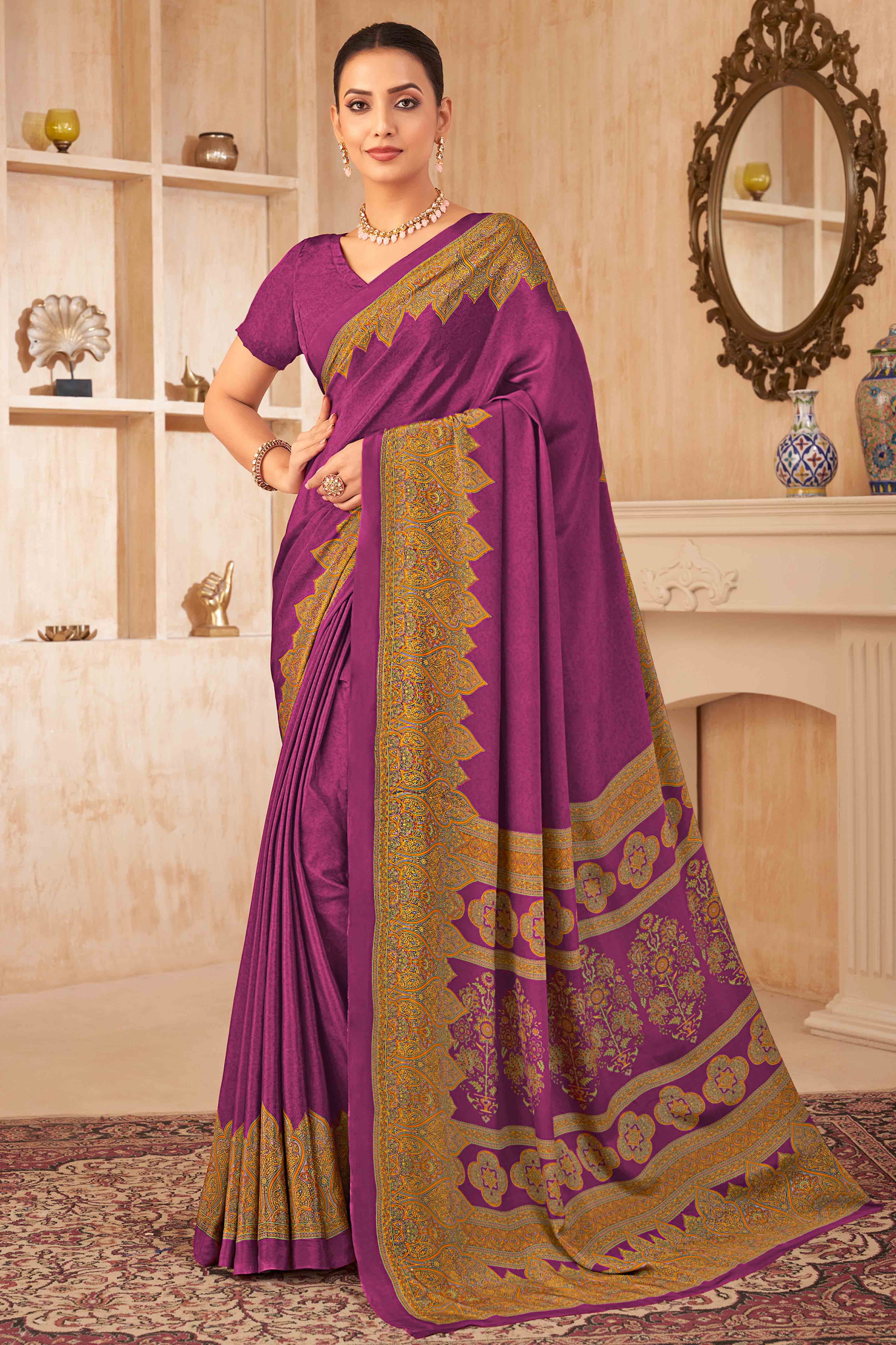 Purple Floral Printed Crepe Silk Saree