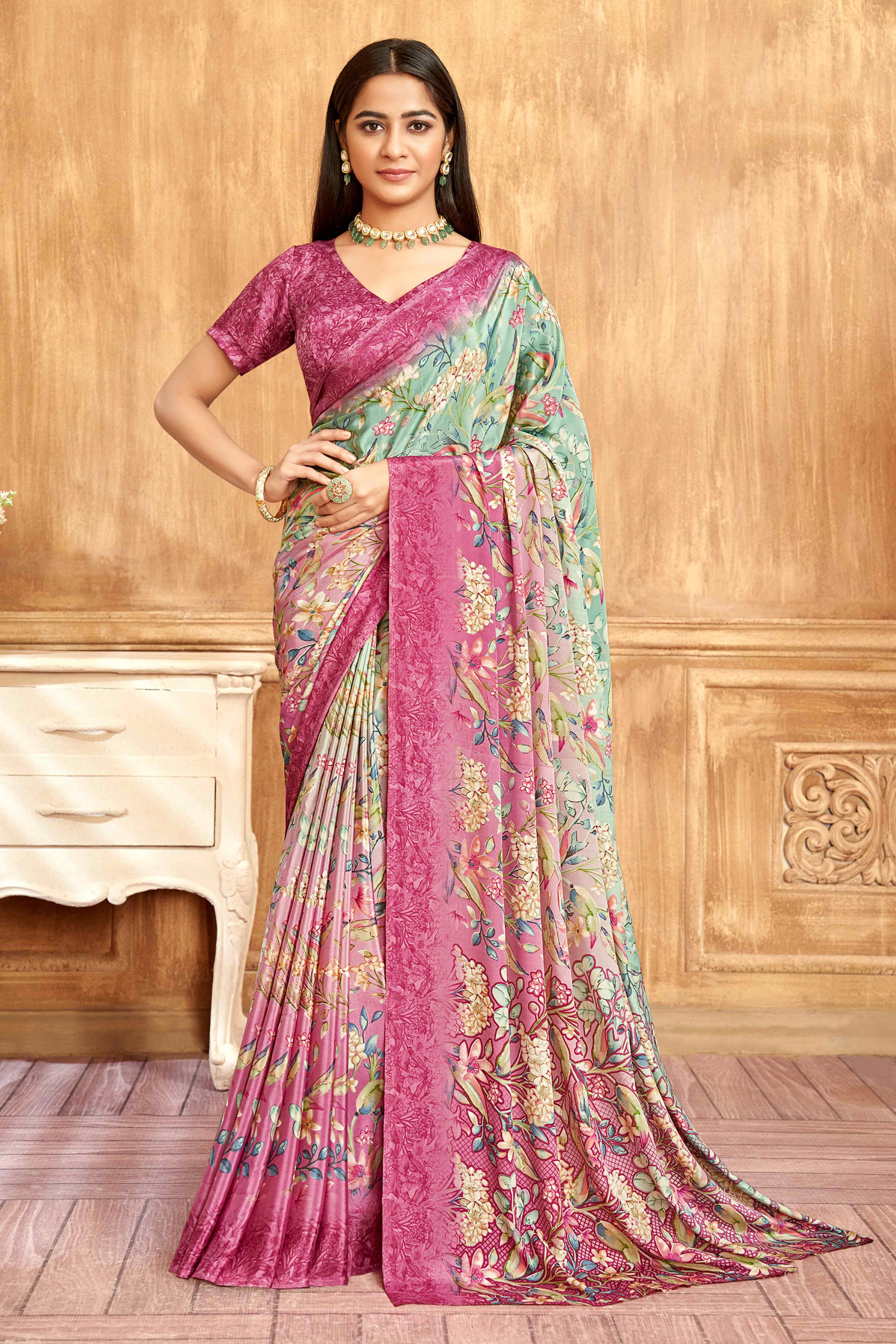 Pink Floral Printed Crepe Silk Saree