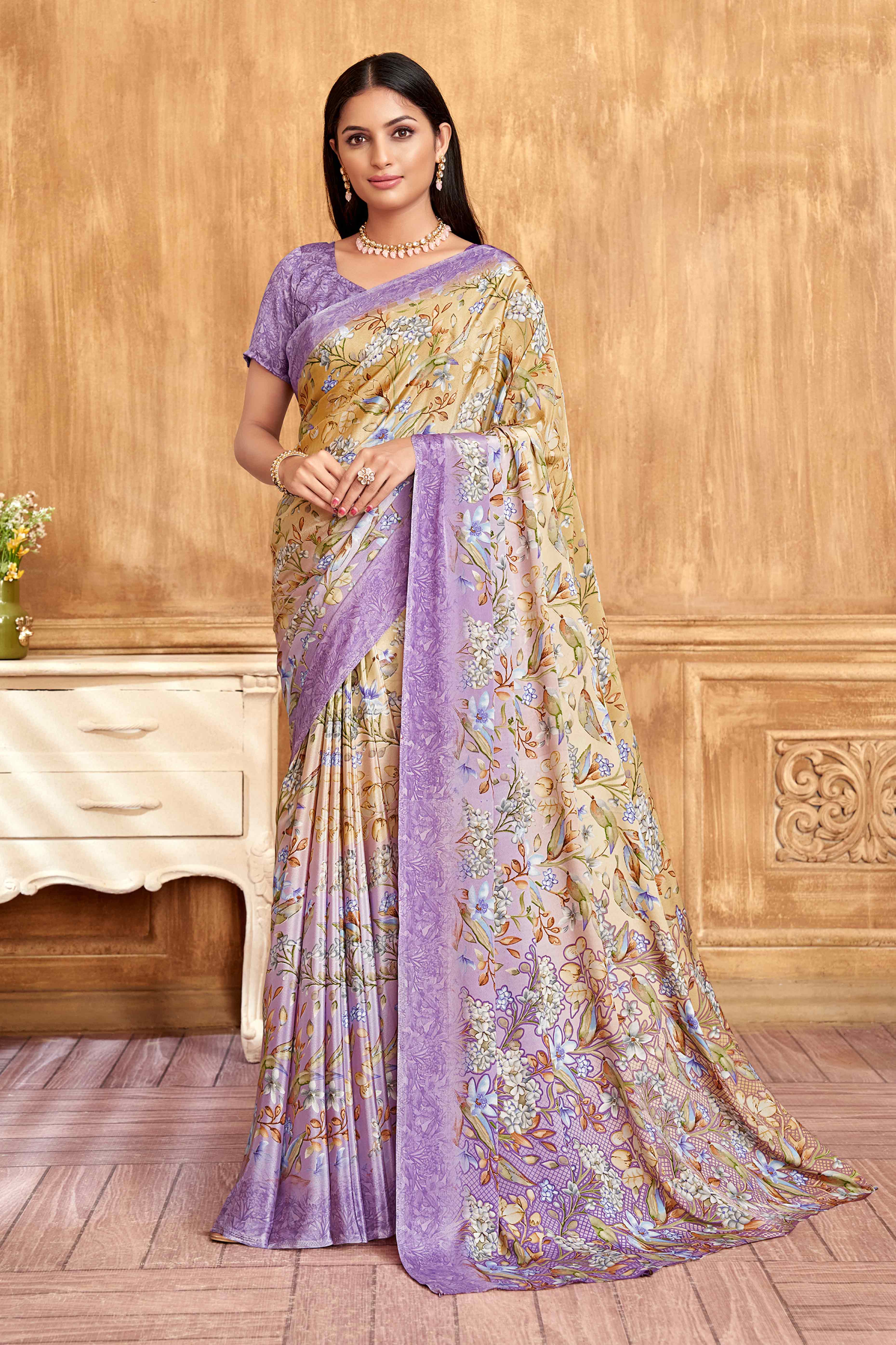 Purple Floral Printed Crepe Silk Saree