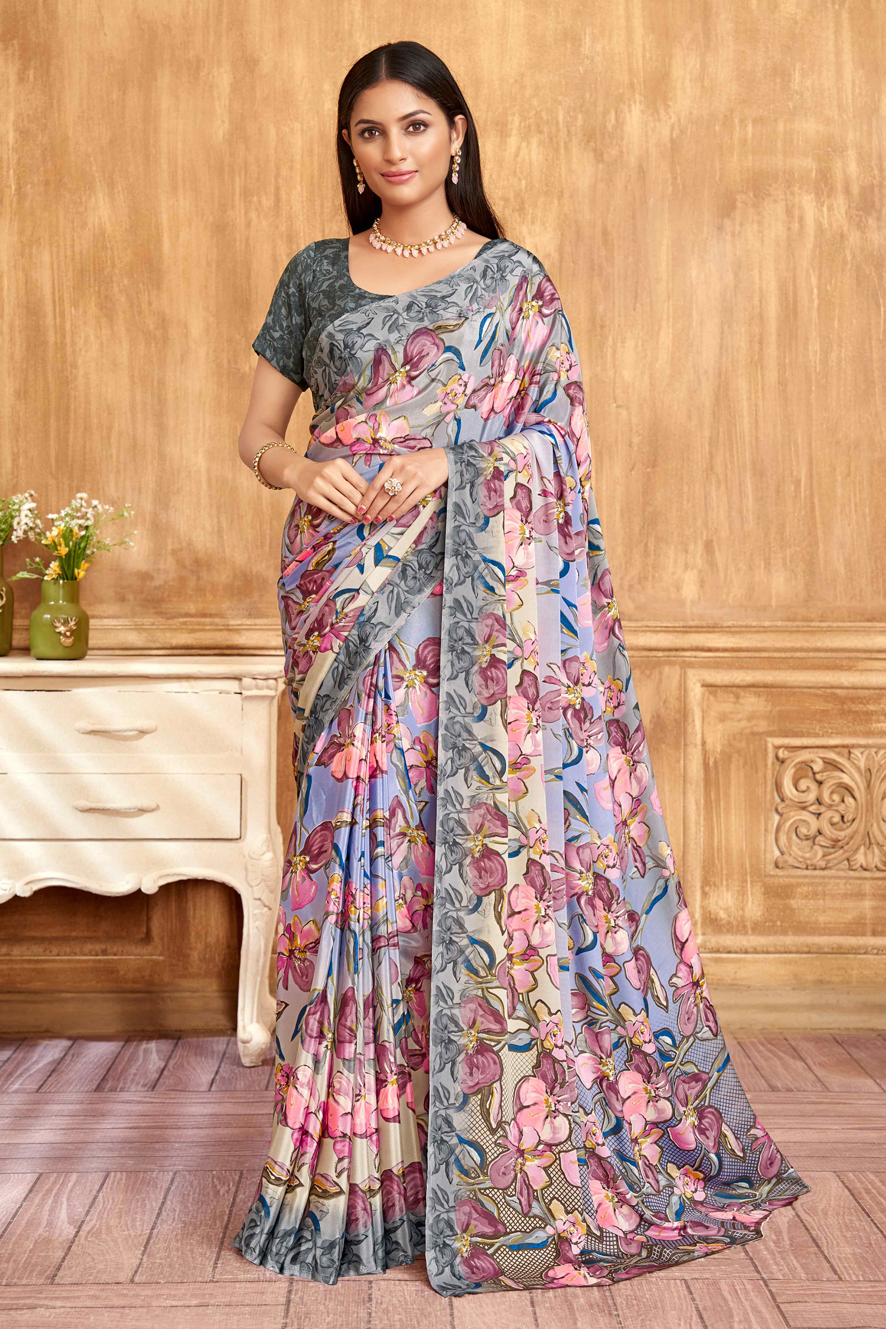 Grey Floral Printed Crepe Silk Saree