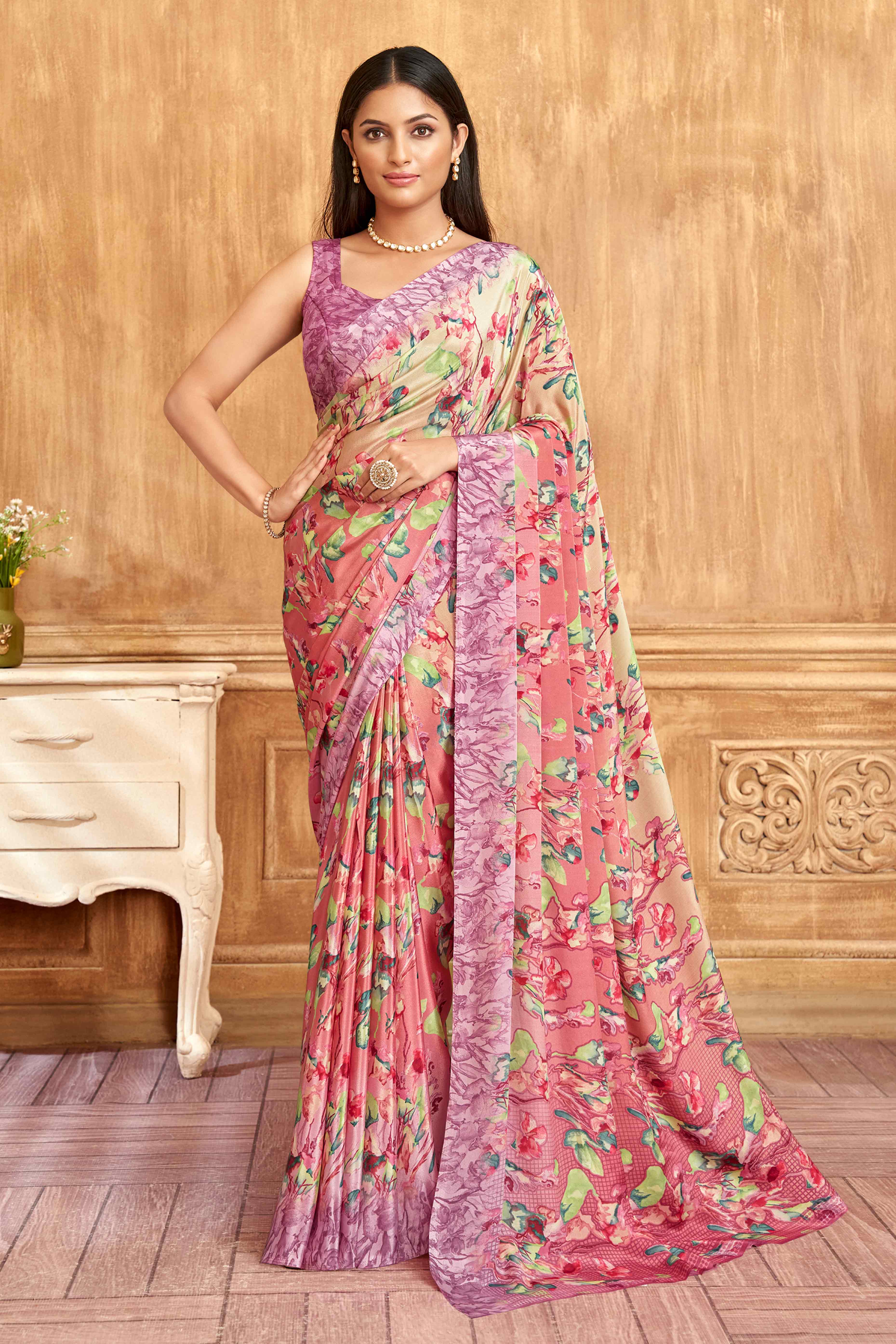 Pink Floral Printed Crepe Silk Saree